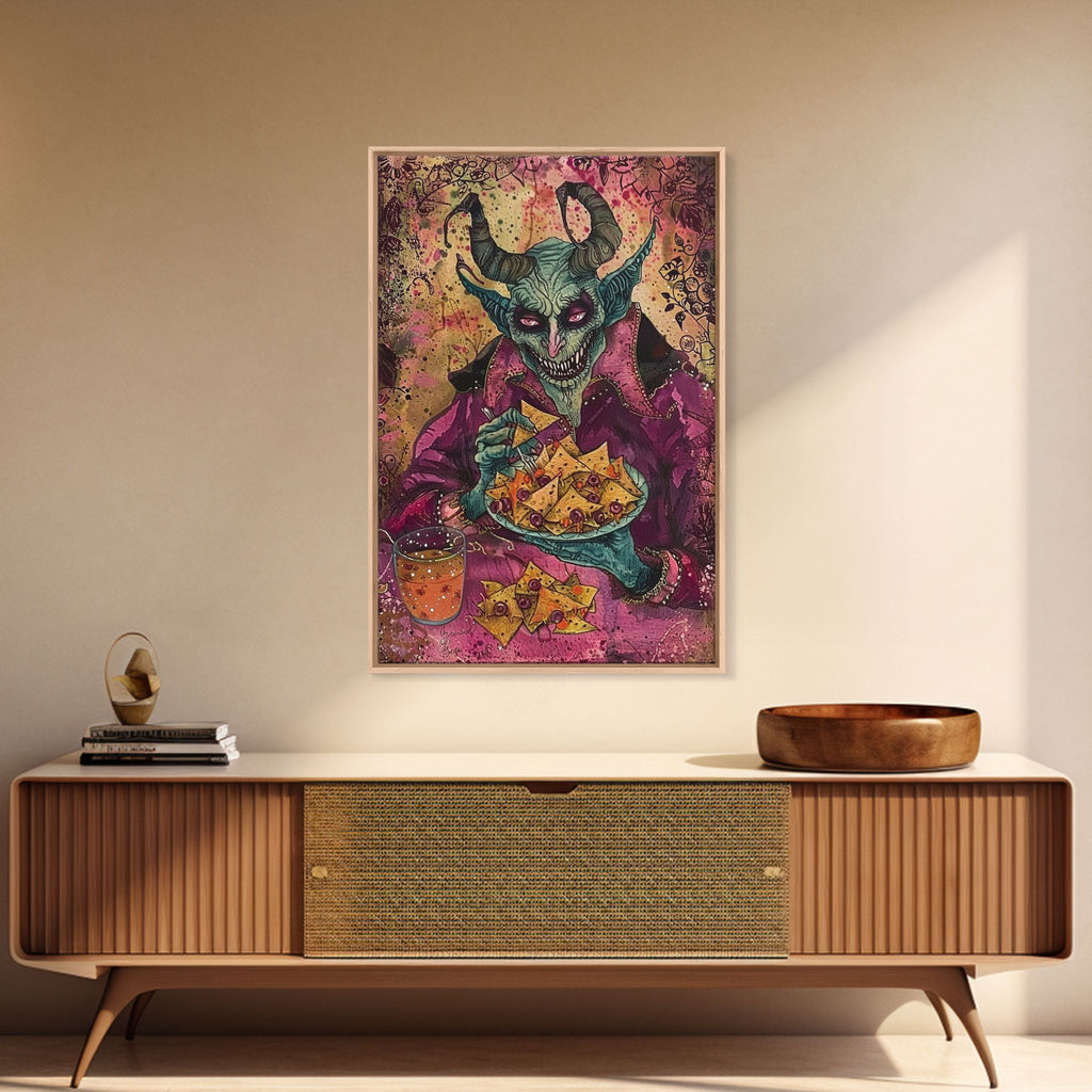 Spooky Demon Eating Chips Framed Canvas Print, Halloween Art, Unique Wall Art, Creepy Home Decor, Scary Art, Spooky Living Room Decor | | Wiccan Center