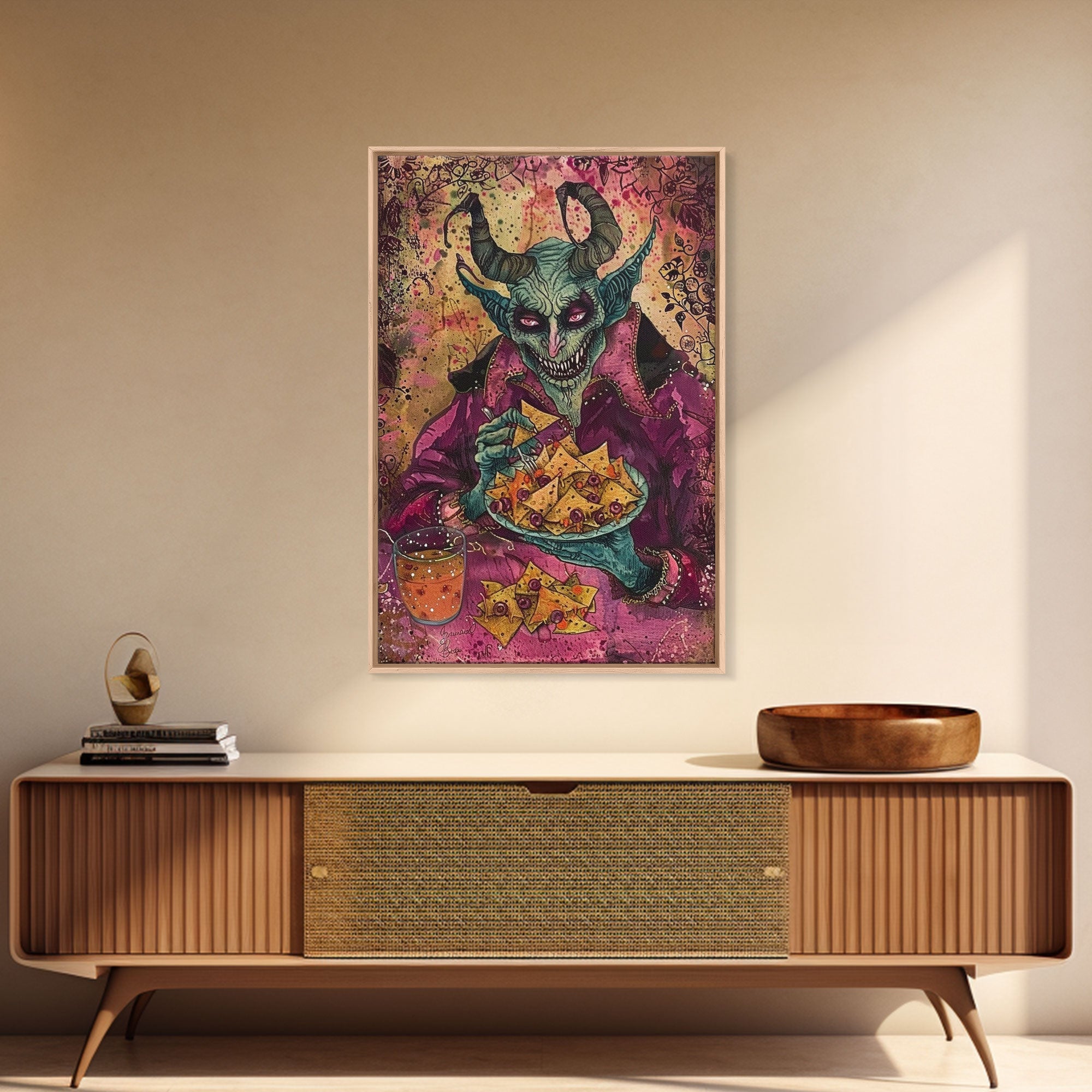 Spooky Demon Eating Chips Framed Canvas Print, Halloween Art, Unique Wall Art, Creepy Home Decor, Scary Art, Spooky Living Room Decor | | Wiccan Center