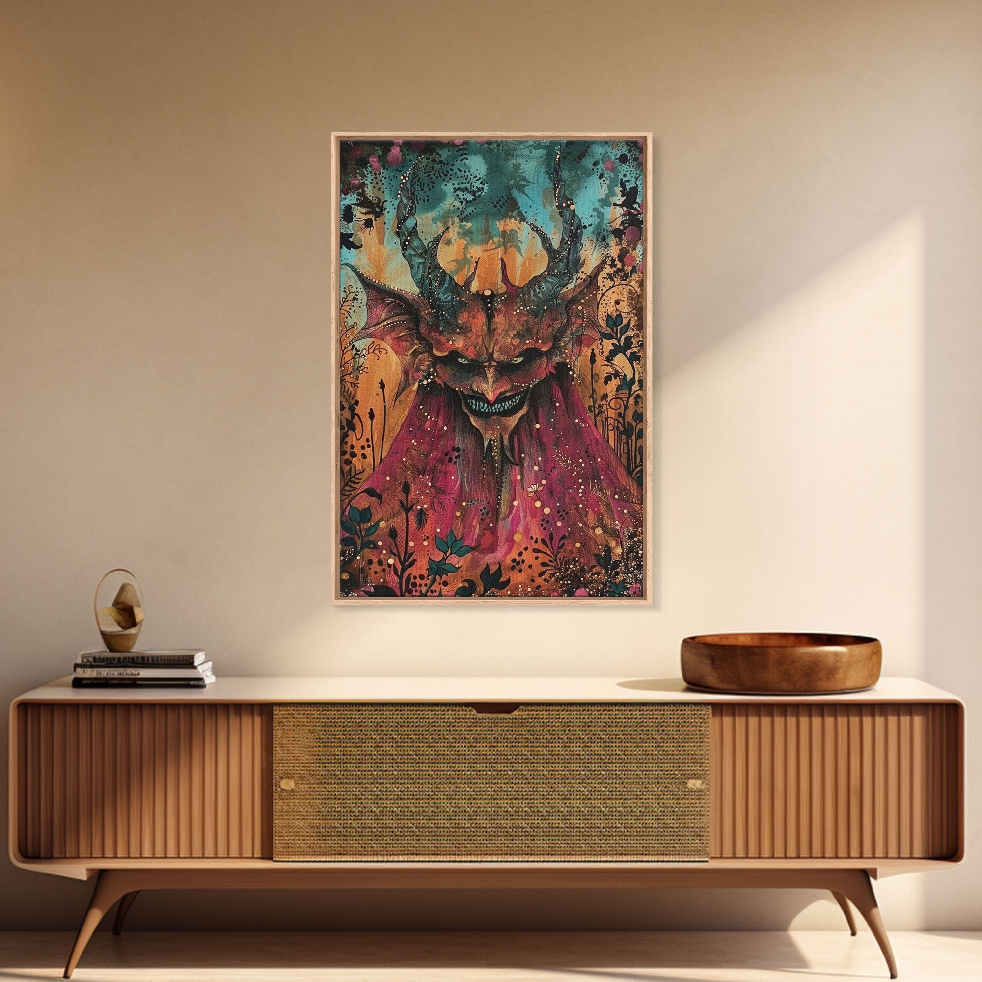 Dark Demon with Menacing Smile Framed Canvas Print, Halloween Art, Creepy Wall Art, Spooky Home Decor, Scary Art, Creepy Living Room Decor | | Wiccan Center