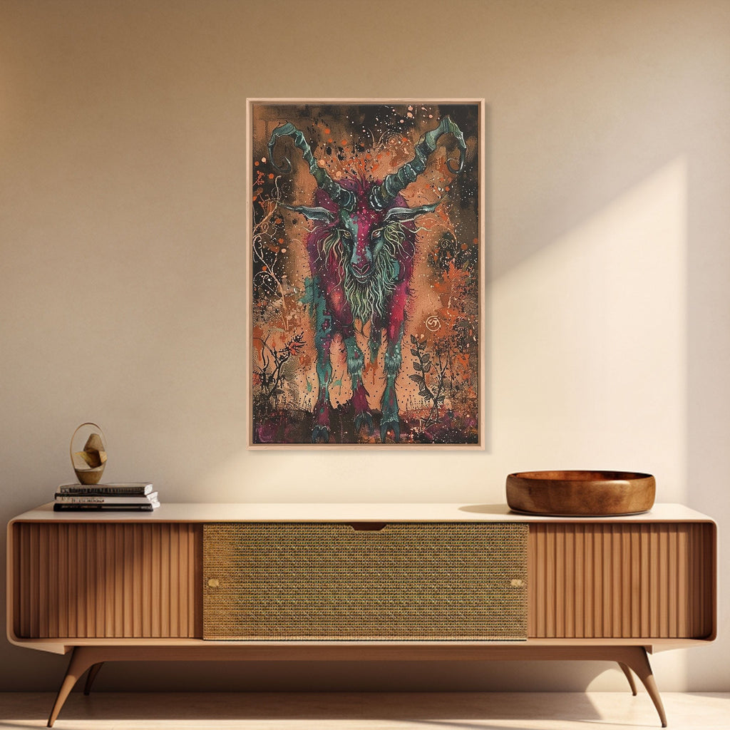 Mysterious Goat Demon Framed Canvas Print, Halloween Art, Unique Wall Art, Spooky Home Decor, Scary Art, Eerie Living Room Decor | | Wiccan Center