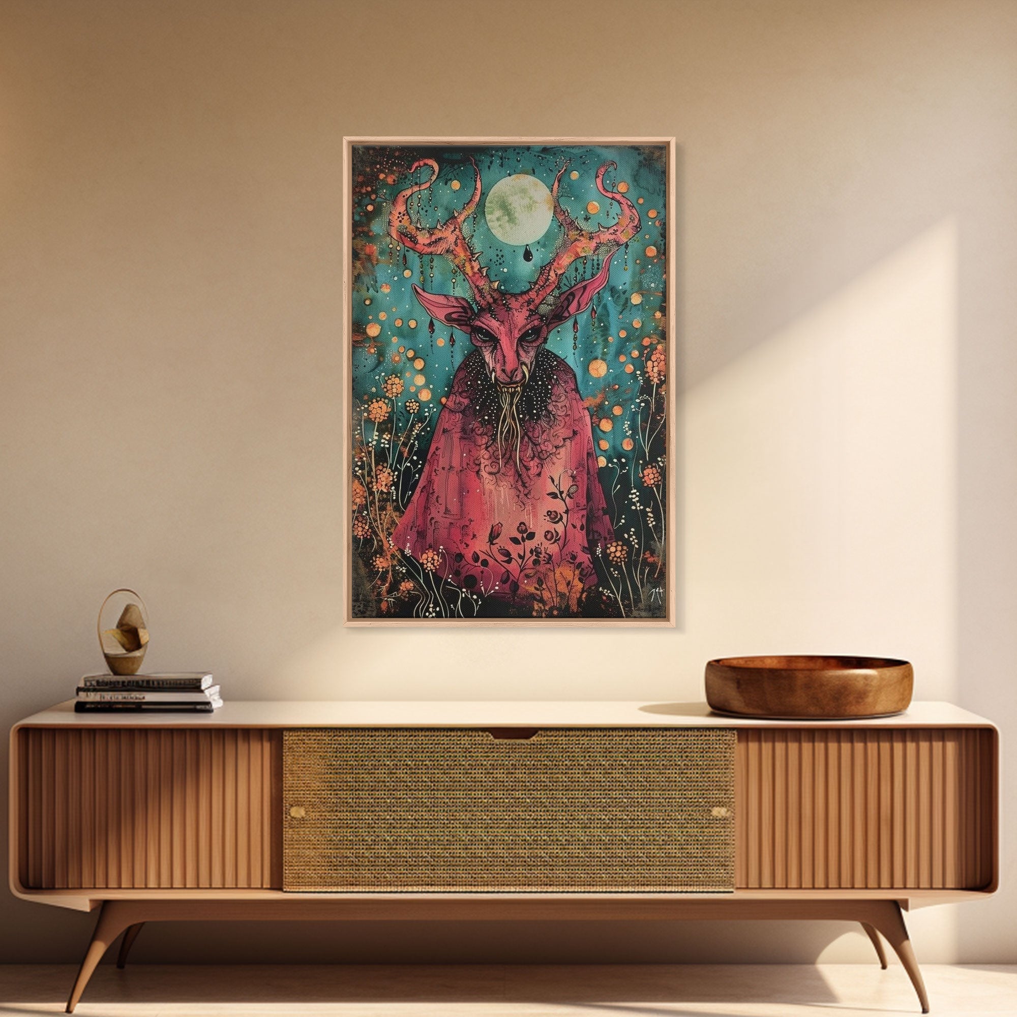 Enchanted Demon Under Full Moon Framed Canvas Print, Halloween Art, Creepy Wall Art, Spooky Home Decor, Art, Haunting Living Room Decor | | Wiccan Center