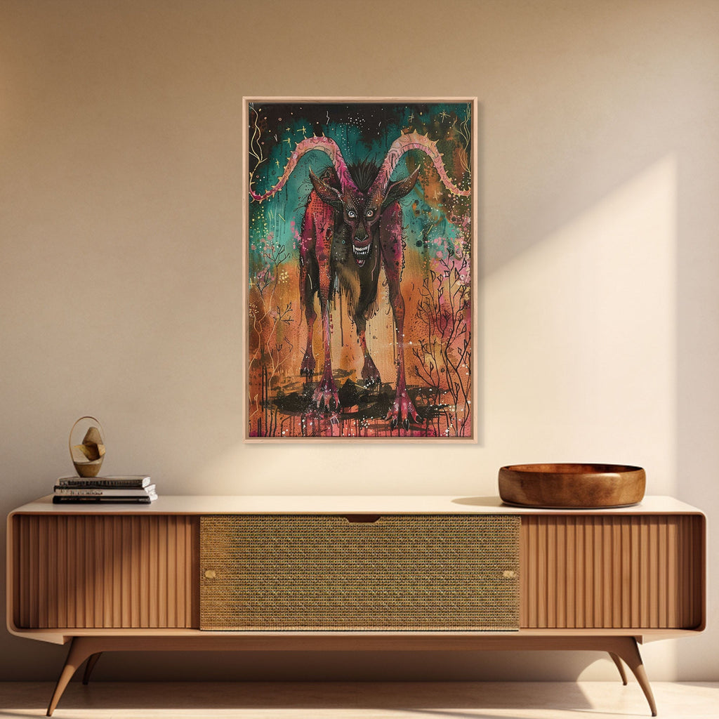 Spooky Goat Demon in the Woods Framed Canvas Print, Halloween Art, Creepy Wall Art Spooky Home Decor, Scary Art Mysterious Living Room Decor | | Wiccan Center