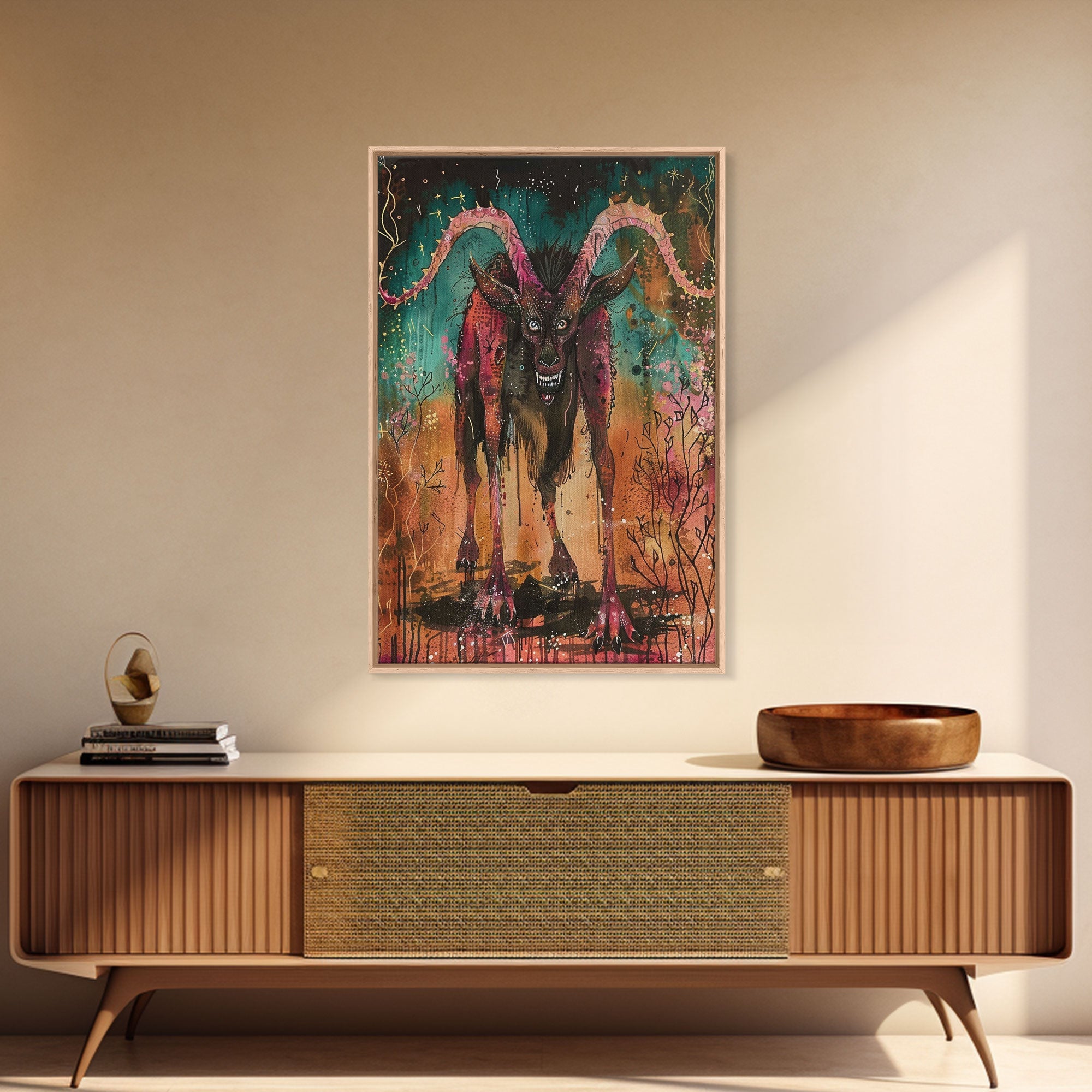 Spooky Goat Demon in the Woods Framed Canvas Print, Halloween Art, Creepy Wall Art Spooky Home Decor, Scary Art Mysterious Living Room Decor | | Wiccan Center
