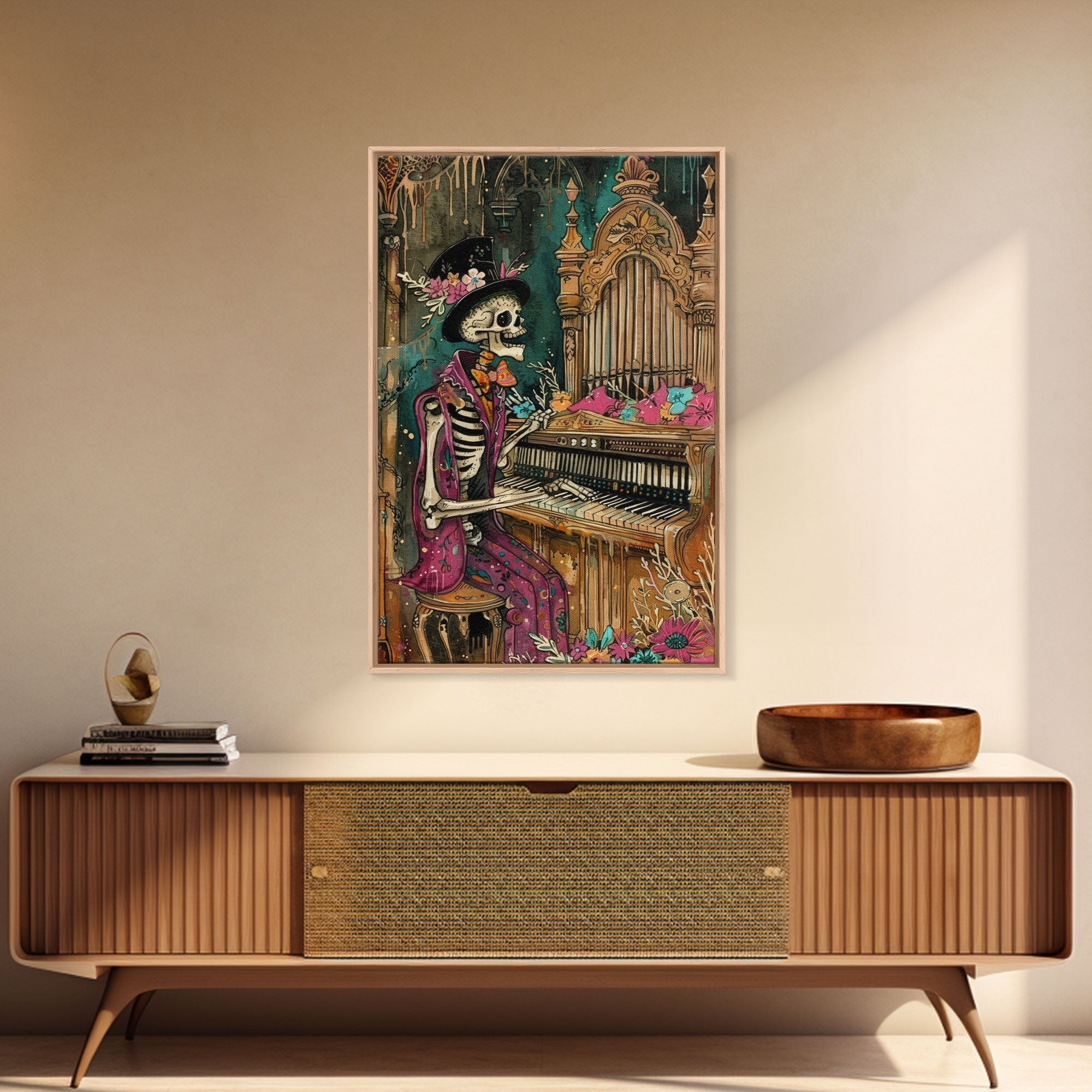 Skeleton Playing Organ in Gothic Church - Day of the Dead Skeleton Musician - Gothic Halloween Art - Skeleton Decor for Halloween