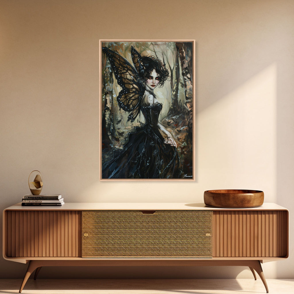 Dark Gothic Fairy with Butterfly Wings| Halloween Wall Art | Spooky Home Decor | Creepy Gothic Fairy Painting | Framed Canvas Print | | Wiccan Center