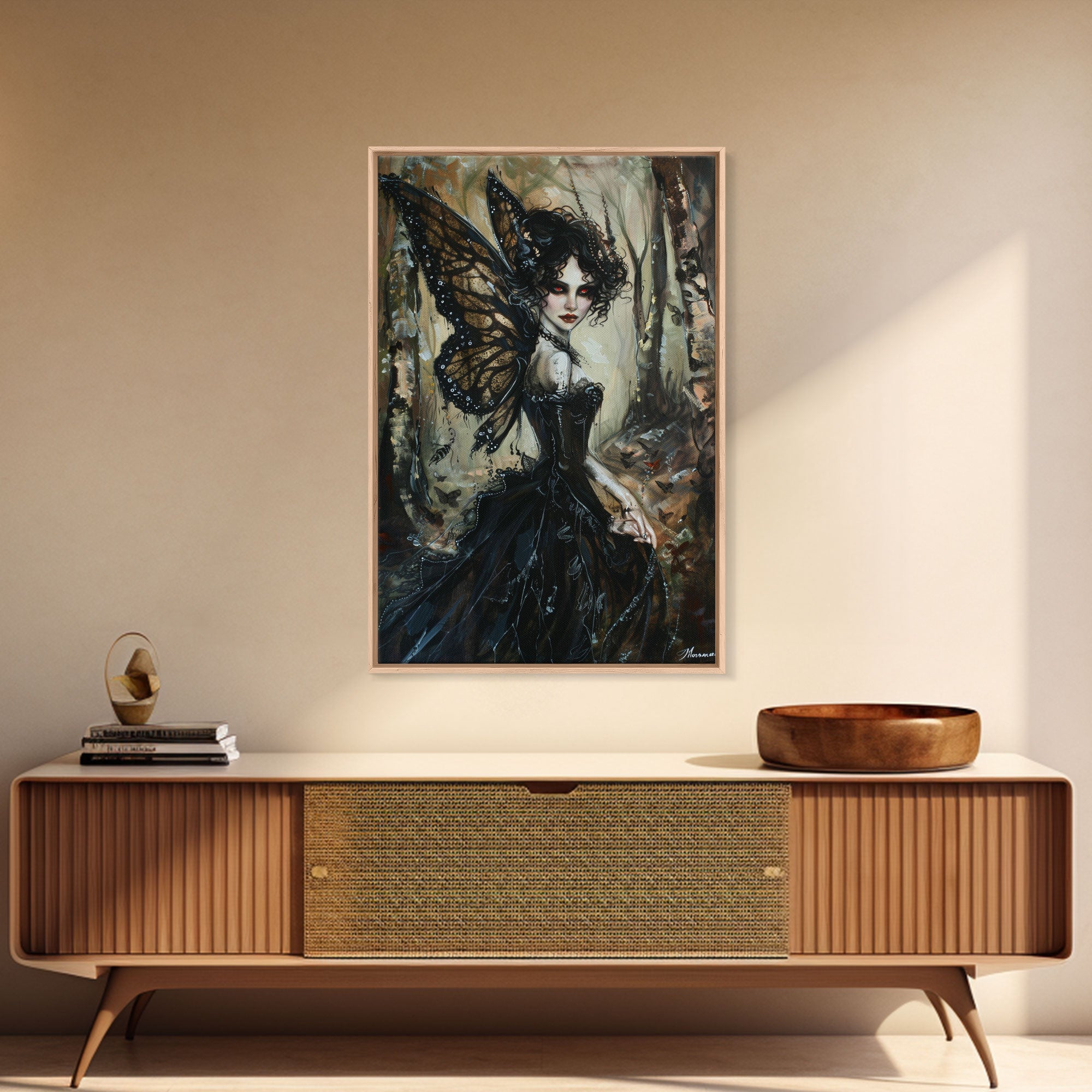 Dark Gothic Fairy with Butterfly Wings| Halloween Wall Art | Spooky Home Decor | Creepy Gothic Fairy Painting | Framed Canvas Print | | Wiccan Center