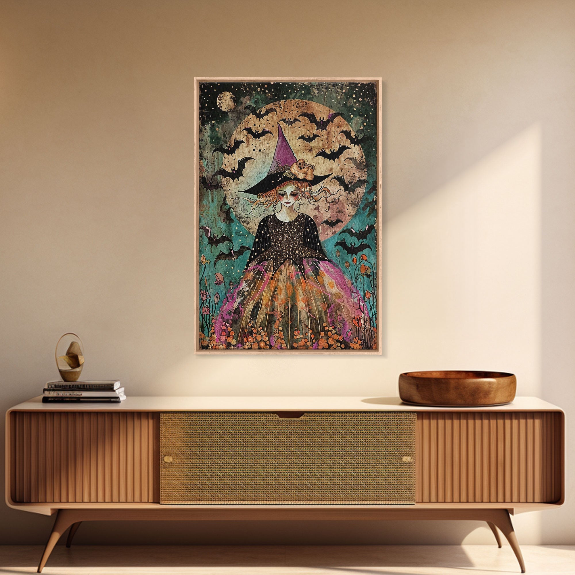 Whimsical Witch with Bats Under Full Moon, Framed Canvas Print, Spooky Halloween Art, Witch Decor, Magical Night, Enchanted Home Decor | | Wiccan Center