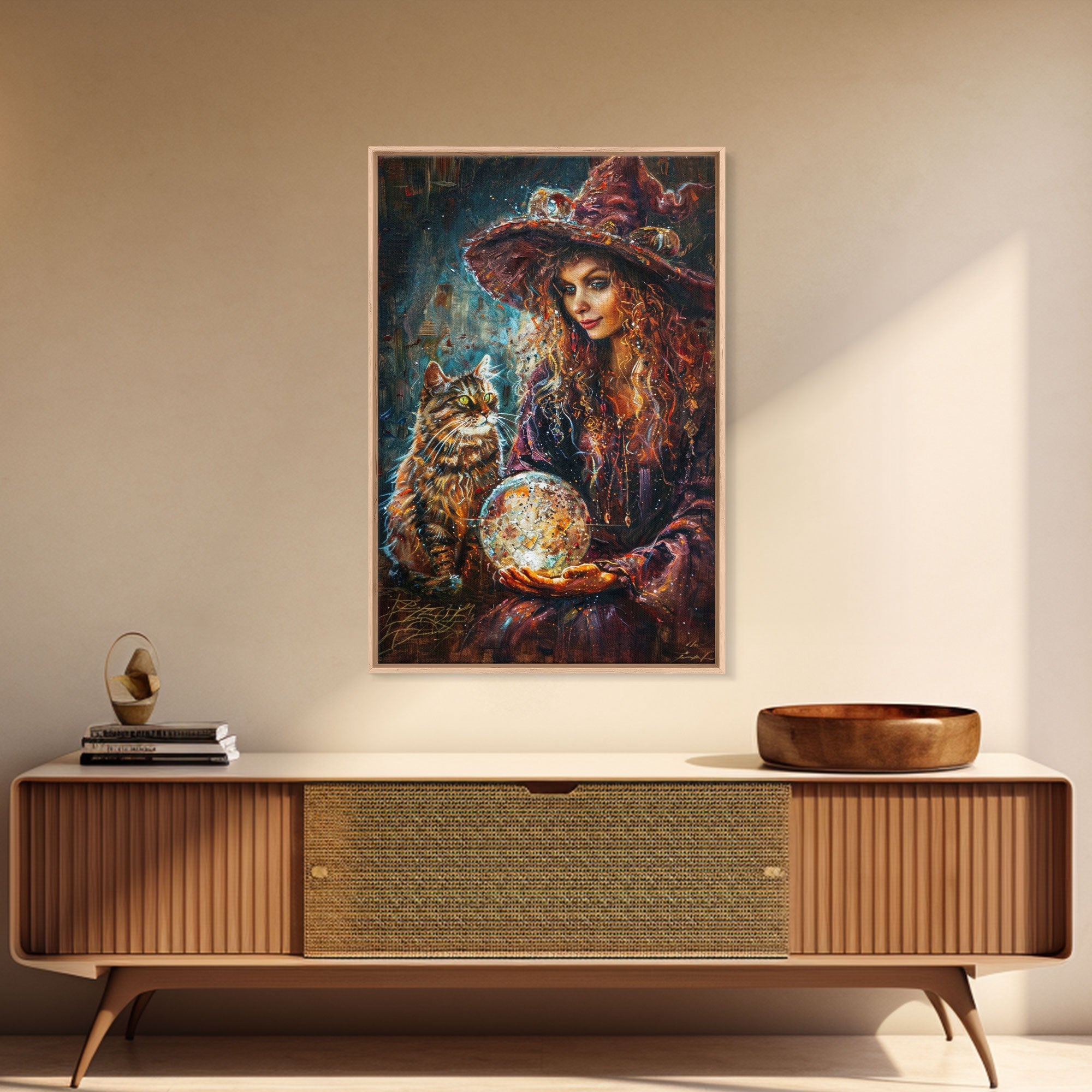 Enchanting Witch with Crystal Ball, Framed Canvas Print, Mystical Halloween Art, Spooky Witch Decor, Witchcraft Illustration, Magical Decor | | Wiccan Center