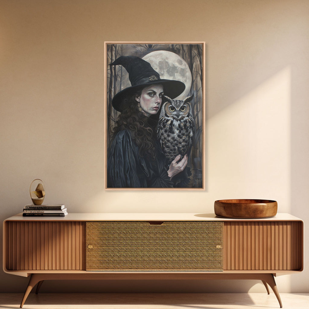 Witch with Wise Owl Under Full Moon, Framed Canvas Print, Mystical Witchcraft Art, Witch and Owl, Spooky Home Decor, Halloween Wall Art | | Wiccan Center