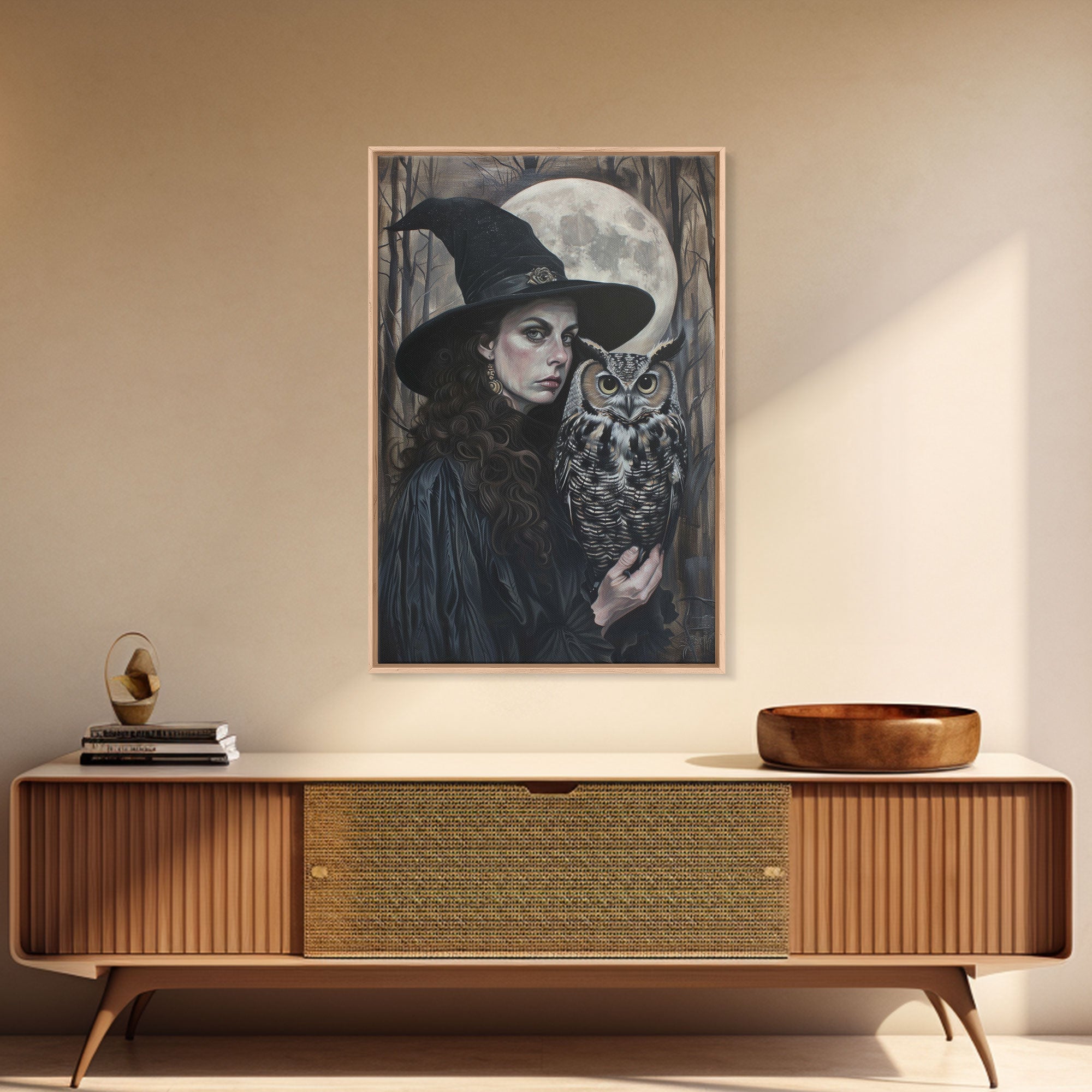 Witch with Wise Owl Under Full Moon, Framed Canvas Print, Mystical Witchcraft Art, Witch and Owl, Spooky Home Decor, Halloween Wall Art | | Wiccan Center