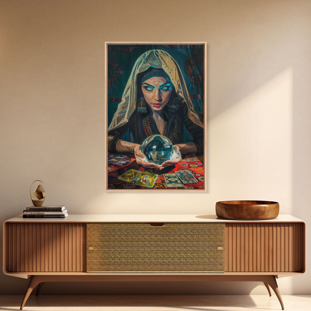 Enchanting Fortune Teller with Crystal Ball Under Moonlight - Mystical Witchcraft Framed Canvas Print, Halloween Gothic Home Decor | | Wiccan Center