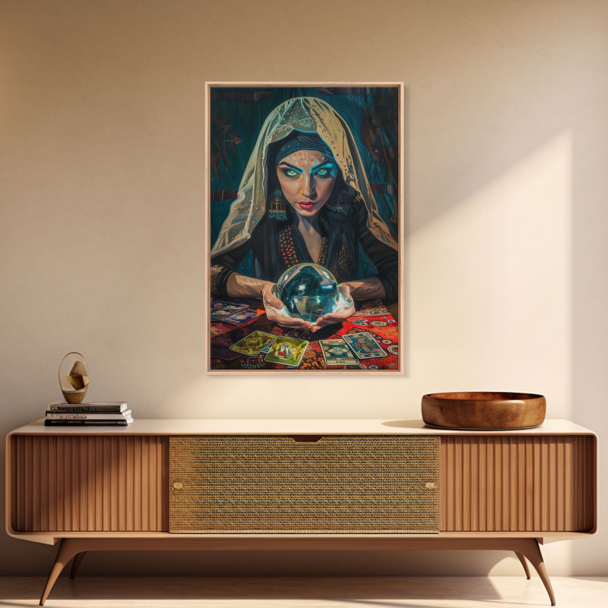 Enchanting Fortune Teller with Crystal Ball Under Moonlight - Mystical Witchcraft Framed Canvas Print, Halloween Gothic Home Decor | | Wiccan Center