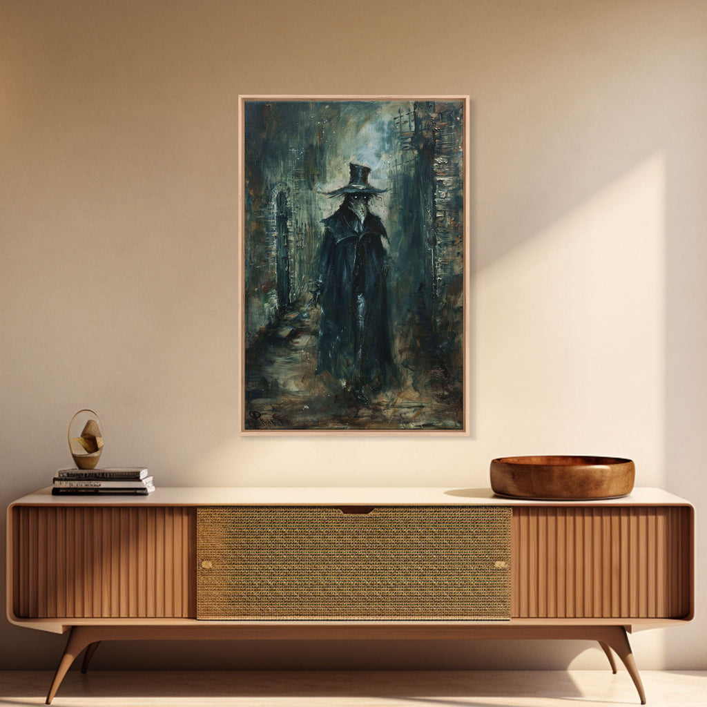 Ghostly Figure in Victorian Attire - Eerie Night Stalker Gothic Art Framed Canvas Print, Halloween Haunted House Decor