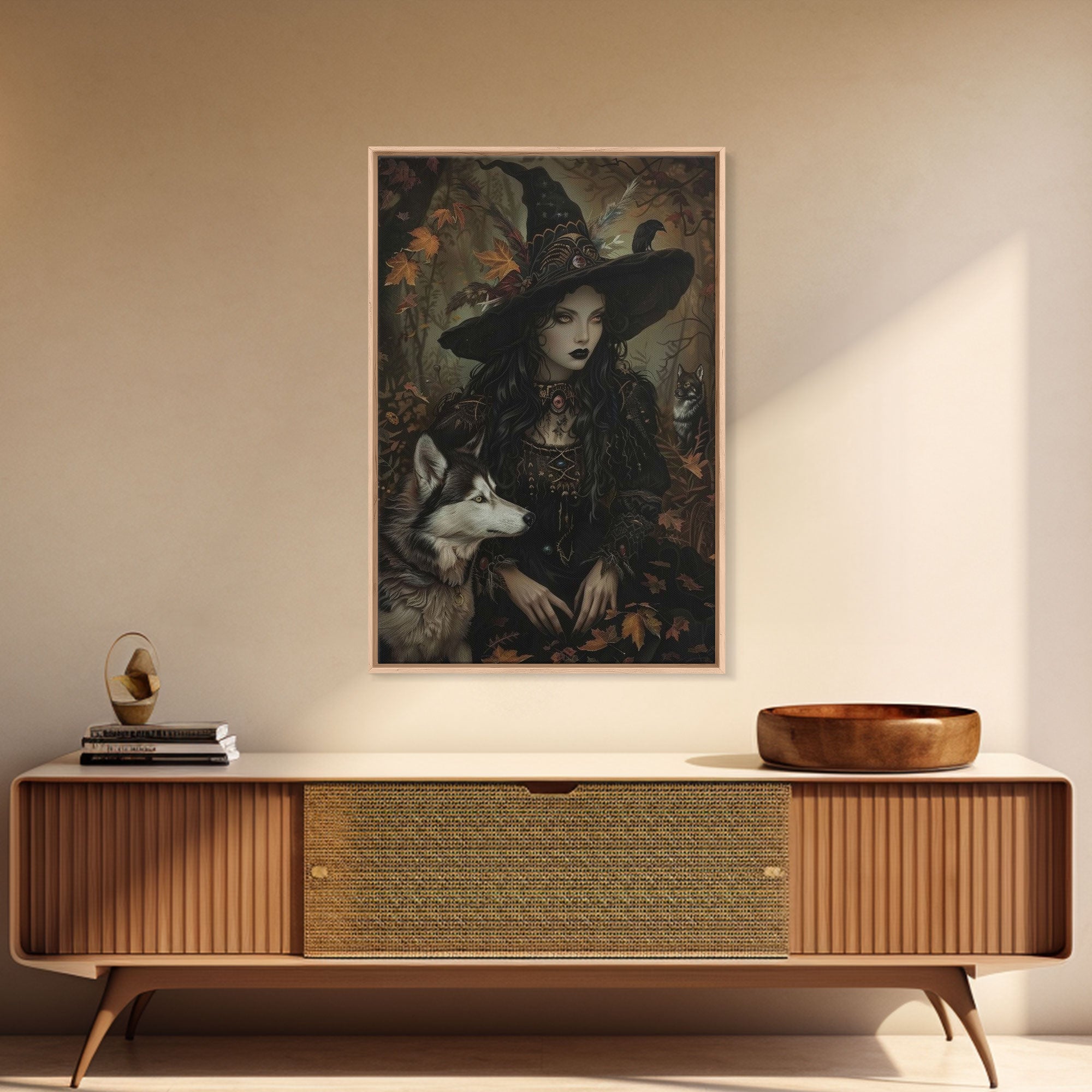 Witch with Wolves in Enchanted Forest - Dark Sorcery Mystical Art Framed Canvas Print, Halloween Gothic Decor | | Wiccan Center