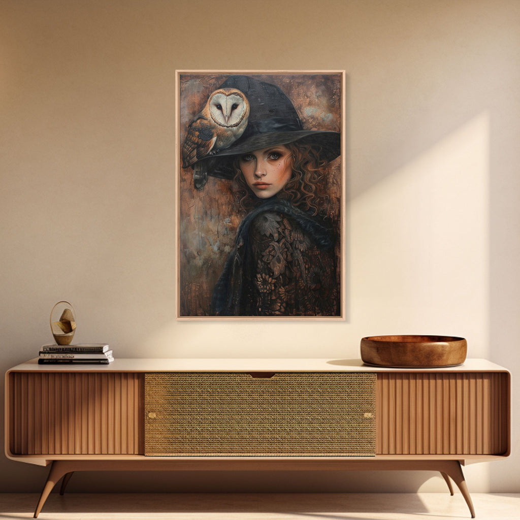 Witch with Crow in Spooky Forest - Halloween Art, Gothic Art, Spooky Decor, Dark Magic Art, Mysterious Portrait, Framed Canvas Print | | Wiccan Center