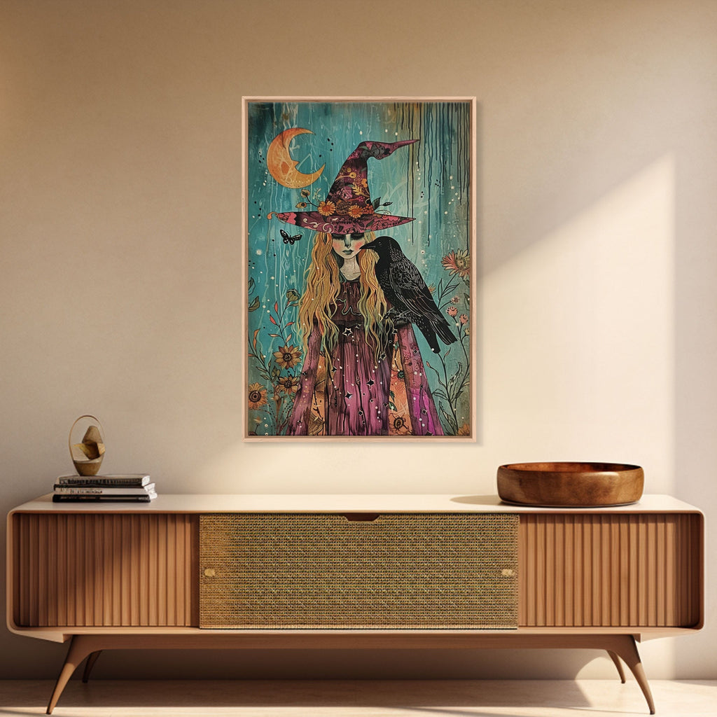 Witch with Owl in Magical Forest - Halloween Art, Gothic Art, Spooky Decor, Dark Magic Art, Enchanted Woods, Framed Canvas Print | | Wiccan Center