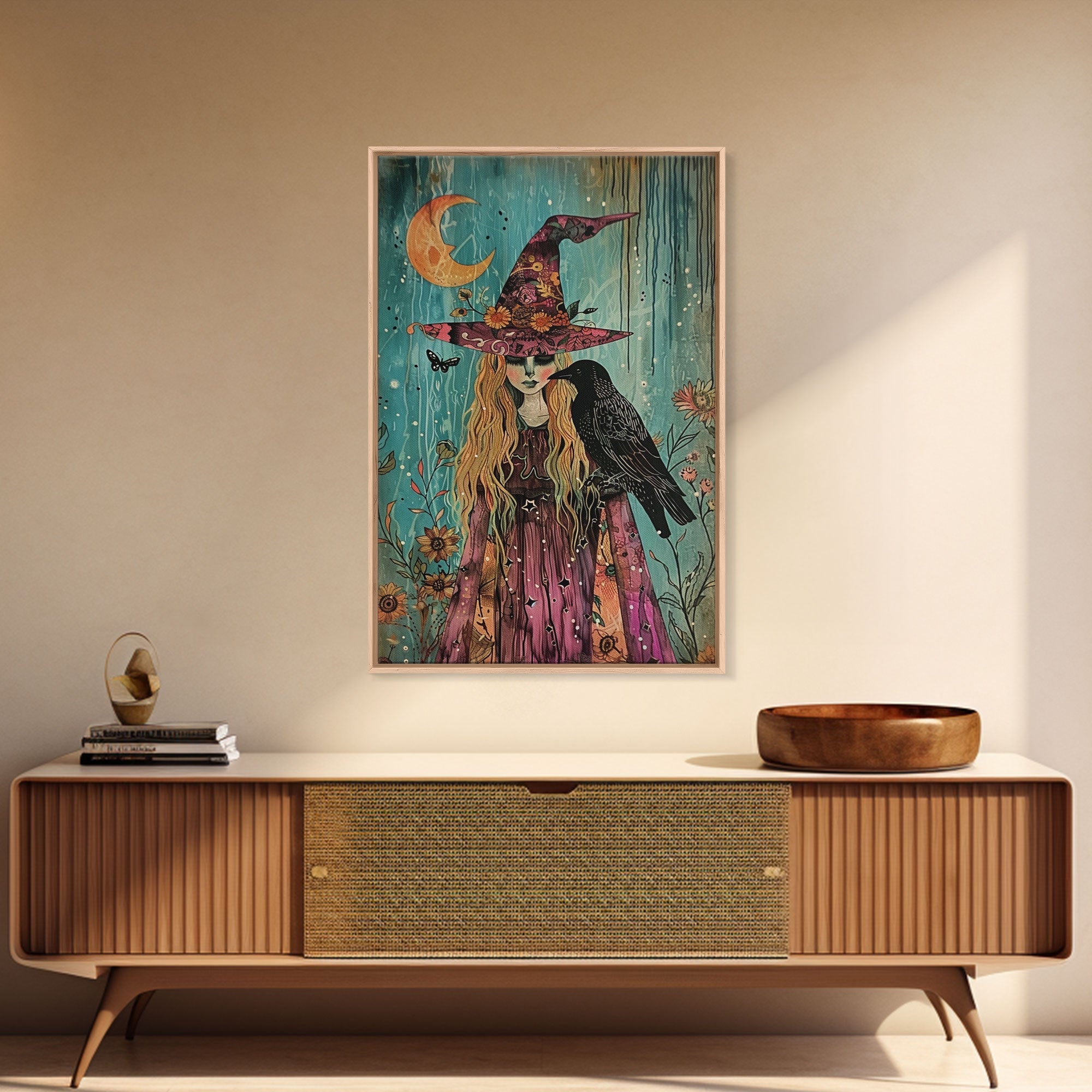 Witch with Owl in Magical Forest - Halloween Art, Gothic Art, Spooky Decor, Dark Magic Art, Enchanted Woods, Framed Canvas Print | | Wiccan Center