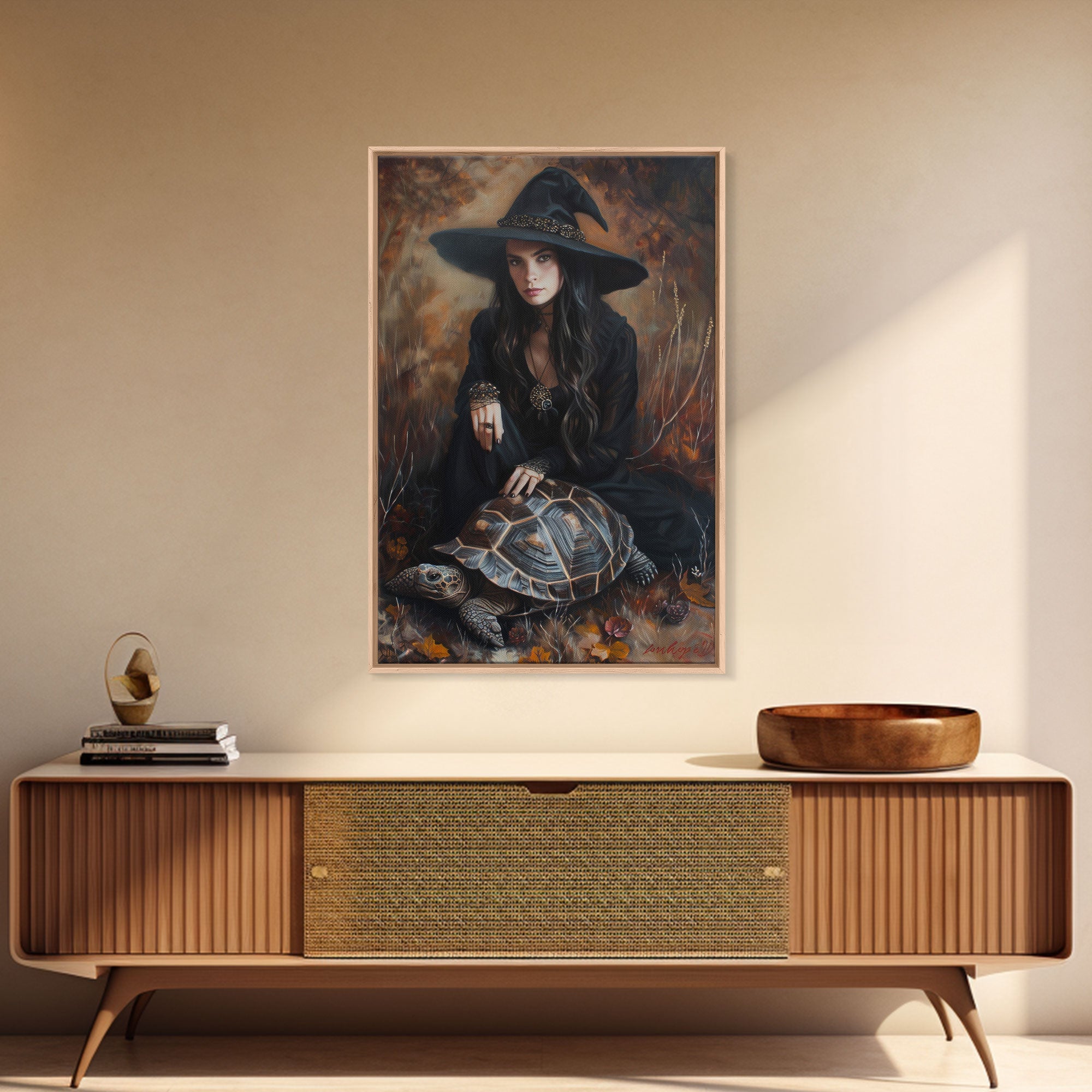 Witch with Mystical Elements - Halloween Art, Gothic Art, Spooky Decor, Dark Magic Art, Bewitching Portrait, Framed Canvas Print | | Wiccan Center