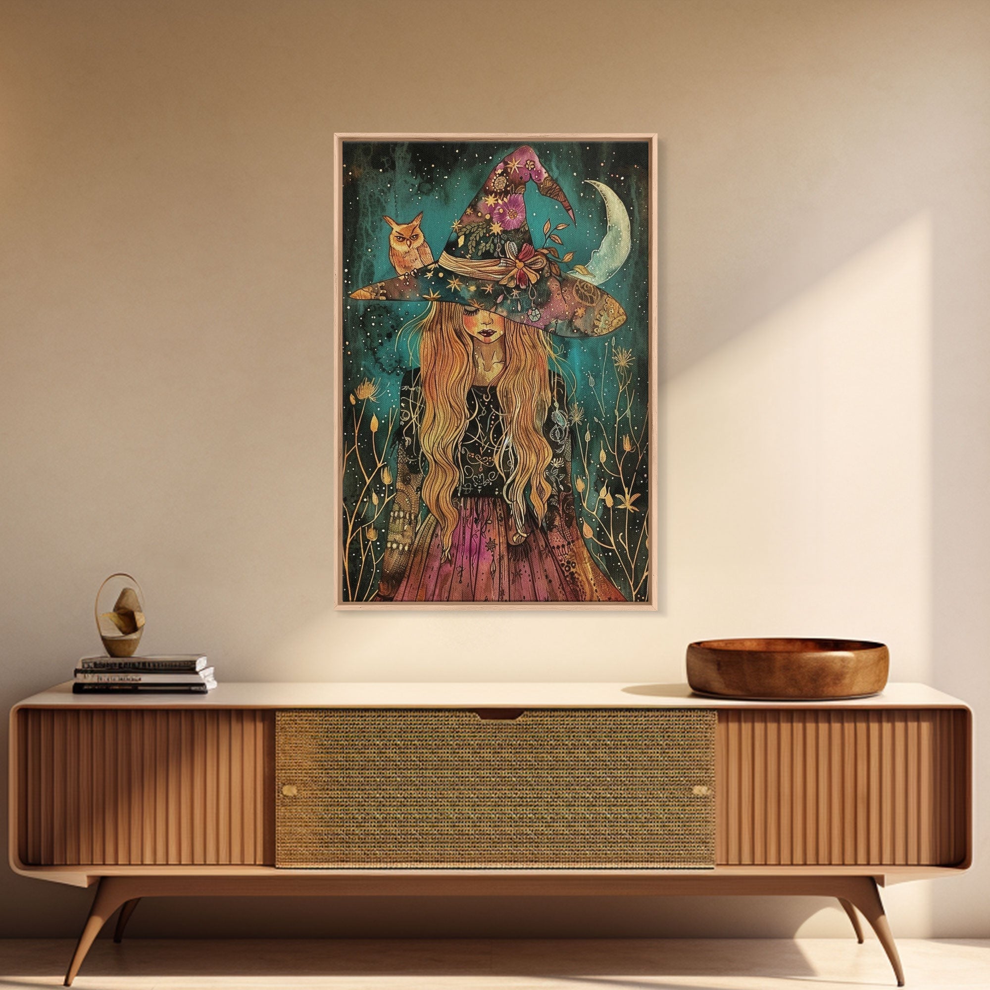 Witch with Black Cat and Moon - Halloween Art, Gothic Art, Spooky Decor, Dark Magic Art, Ominous Portrait, Moonlit Night Framed Canvas Print | | Wiccan Center