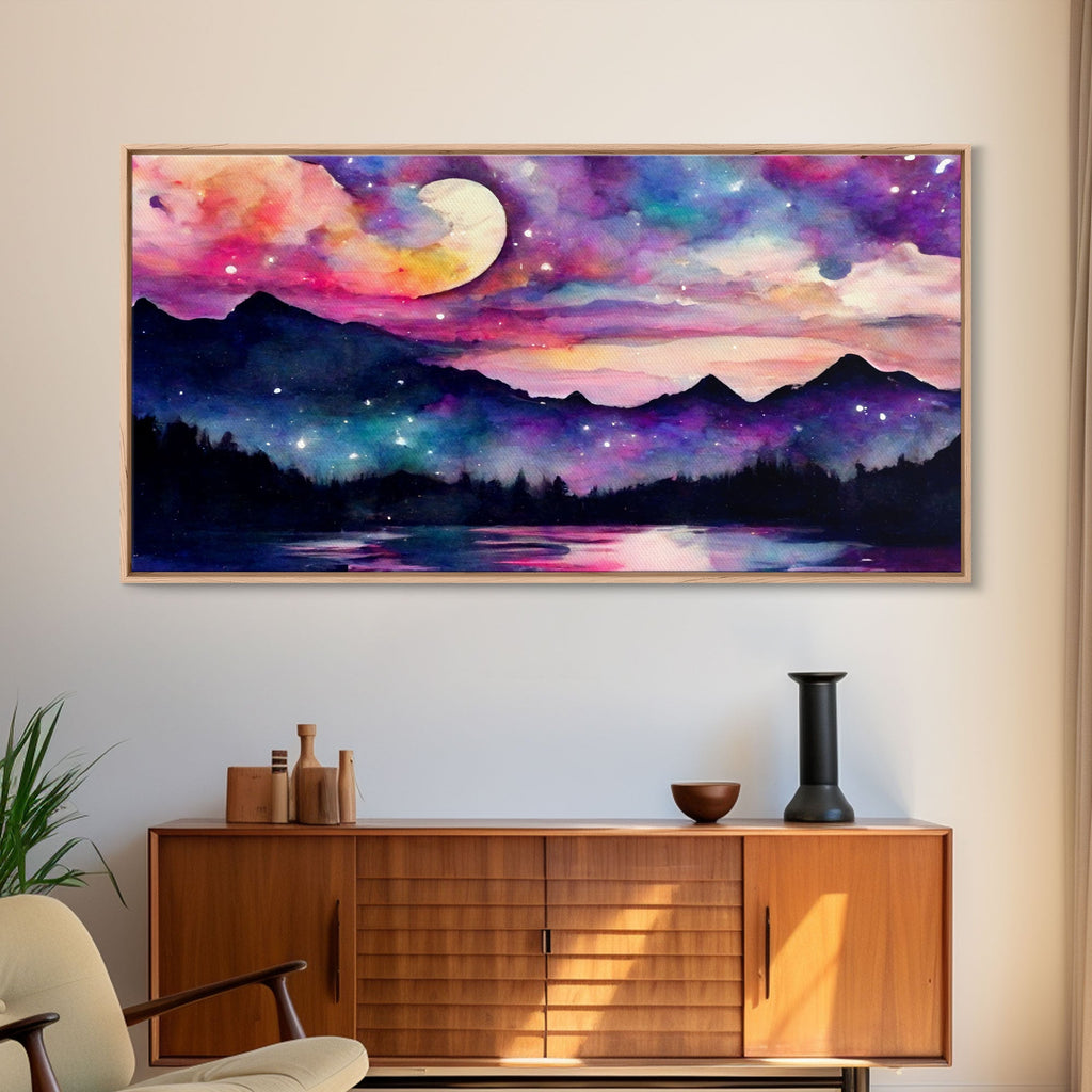 Magical forest canvas print, lake forest & mountains, beautiful wall art for living room, pink and purple wall art | | Wiccan Center