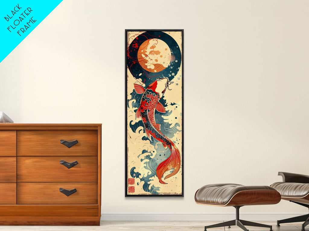 Vibrant Koi Fish Swimming Toward the Moon Skinny Art Ukiyo-e Tall Framed Canvas Print with Japanese Mythology Elements | | Wiccan Center