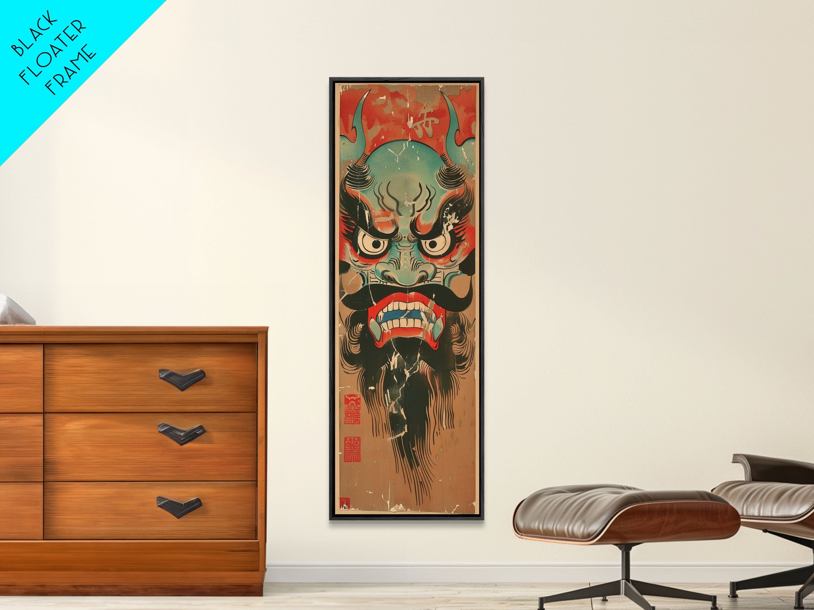 Traditional Japanese Demon Mask Art In Ukiyo-e Style Framed Canvas Print Tall Skinny Cultural Wood Block Wall Decor | | Wiccan Center