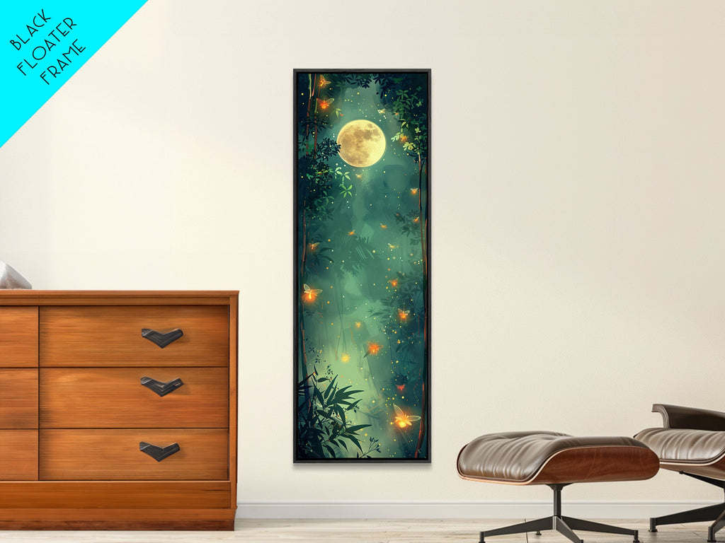 Enchanting Fireflies Illuminating Nighttime Forest Scene Under Full Moon Tall Framed Canvas Print Adding Magical Touch | | Wiccan Center