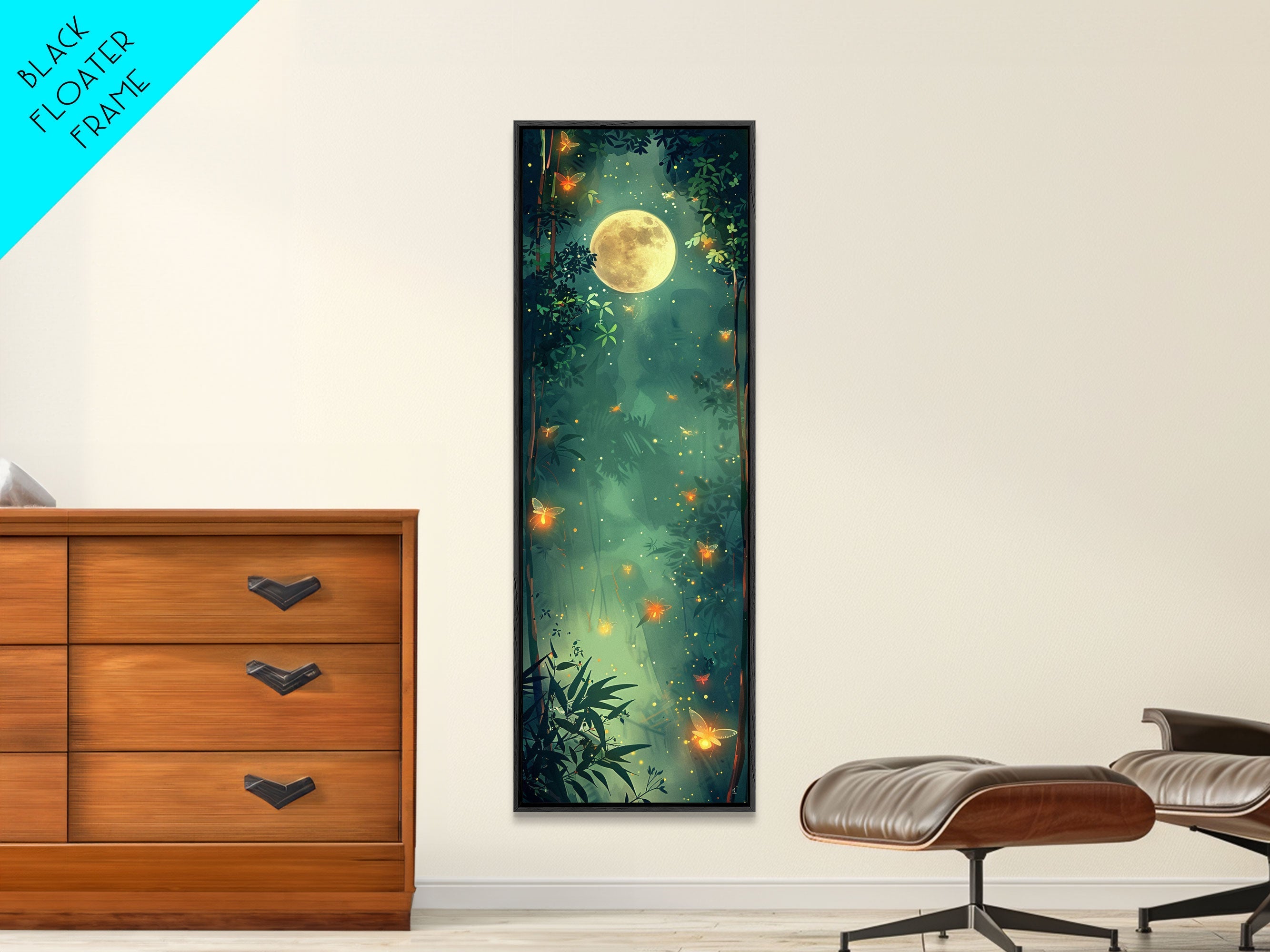 Enchanting Fireflies Illuminating Nighttime Forest Scene Under Full Moon Tall Framed Canvas Print Adding Magical Touch | | Wiccan Center