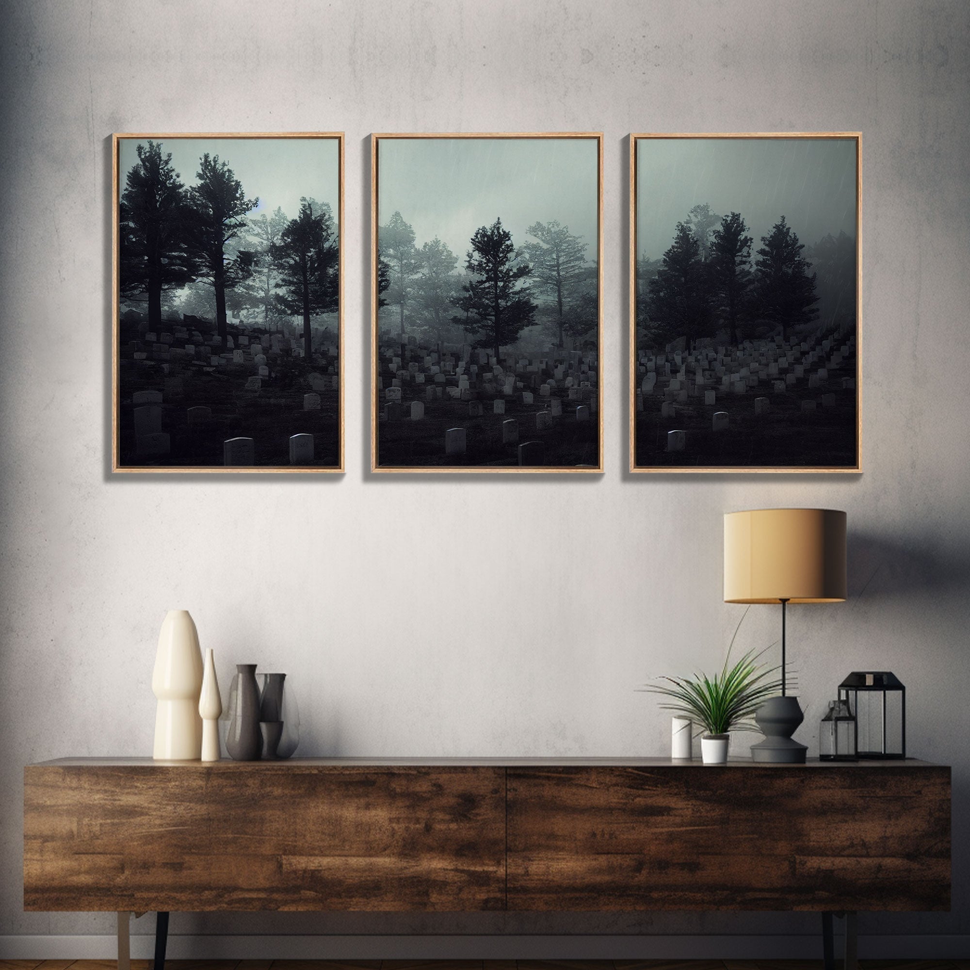 Spooky haunted graveyard at night, art for witches, 3 piece canvas, 3 piece wall art, cemetery art | | Wiccan Center