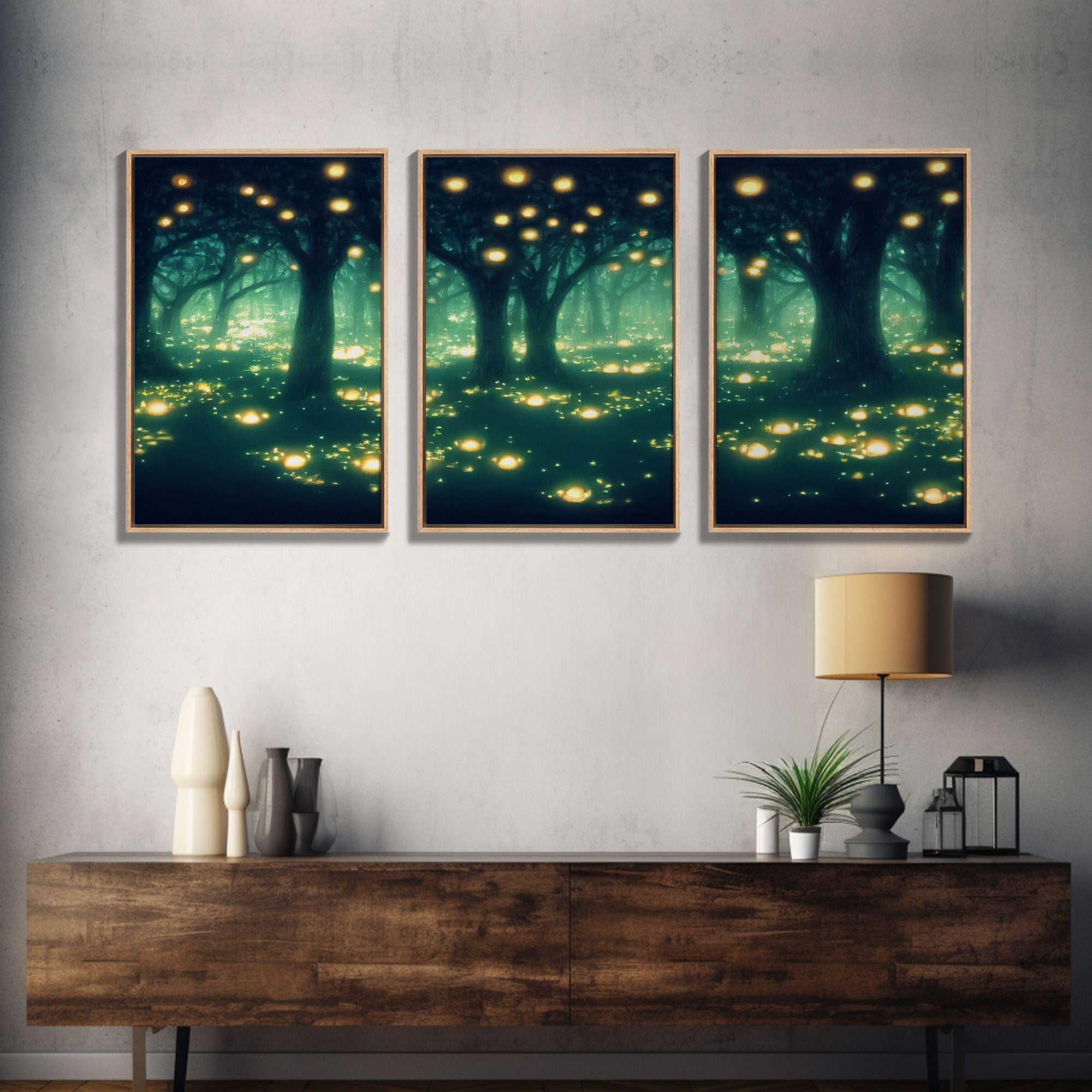 Fantasy forest wall decor, ready to hang 3 piece canvas print, 3 piece wall art, firefly wall art, Fireflies In A Fairy Forest at Night | | Wiccan Center