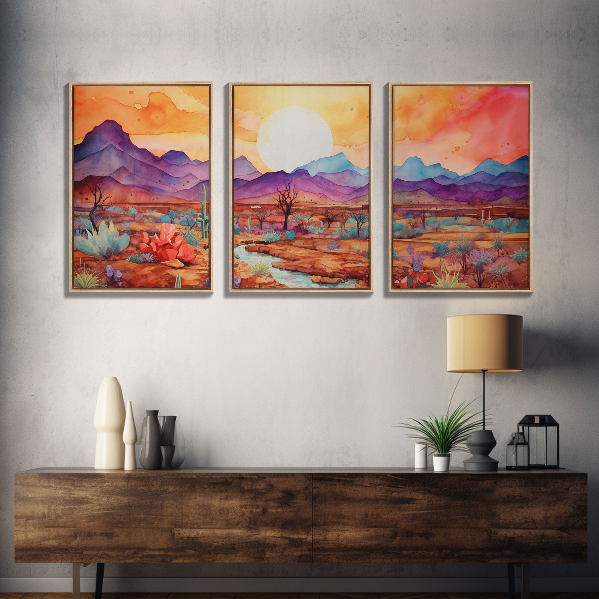 Black Framed 3 Piece Wall Art, Southwestern Desert Scene at Sunset, Minimalist Wall Art, MCM Style Midcentury Wall Decor, Above Sofa Art | | Wiccan Center