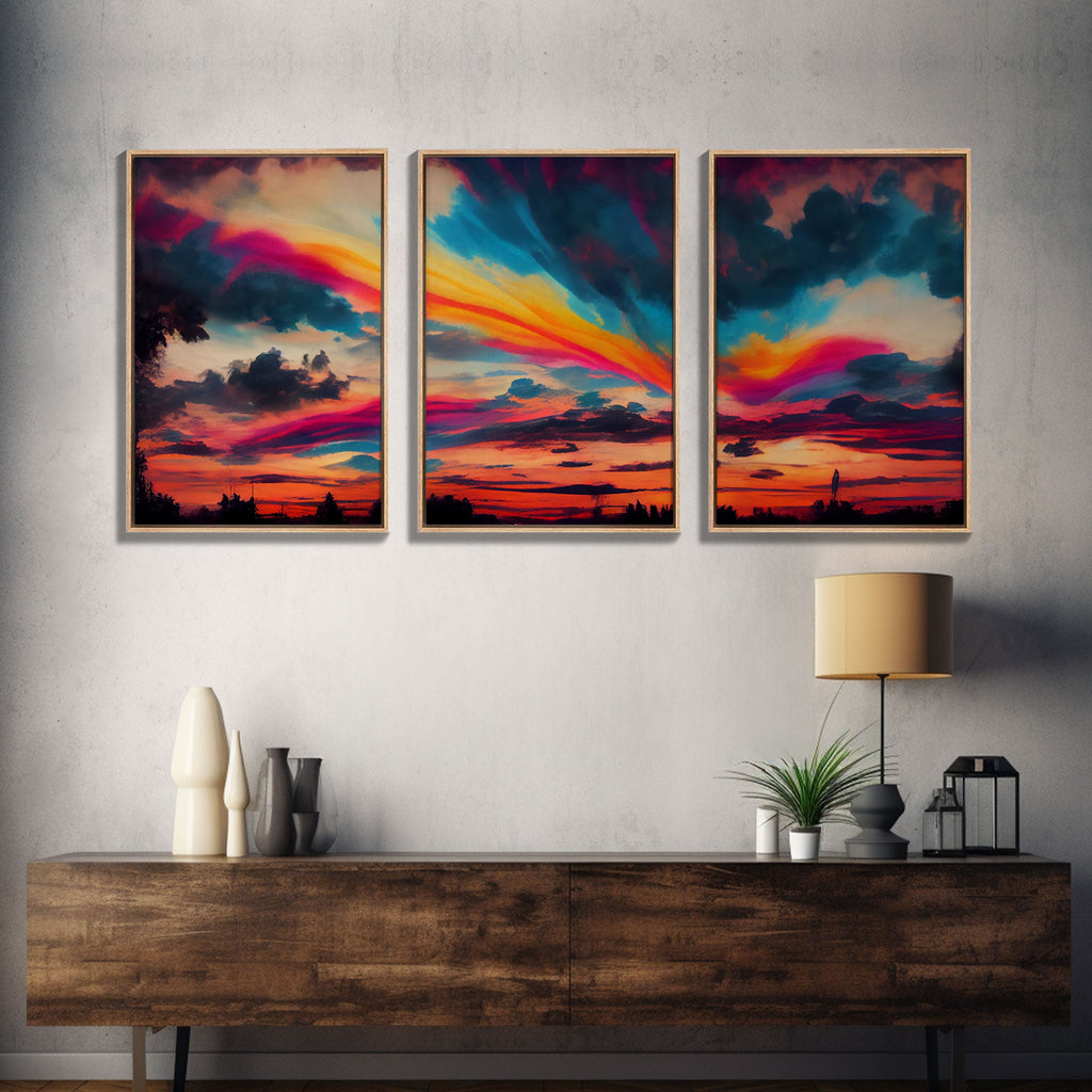Psychedelic sunset, beautiful colorful wall art, 3 piece canvas print, three piece wall art, living room above the couch art, sun rise art | | Wiccan Center
