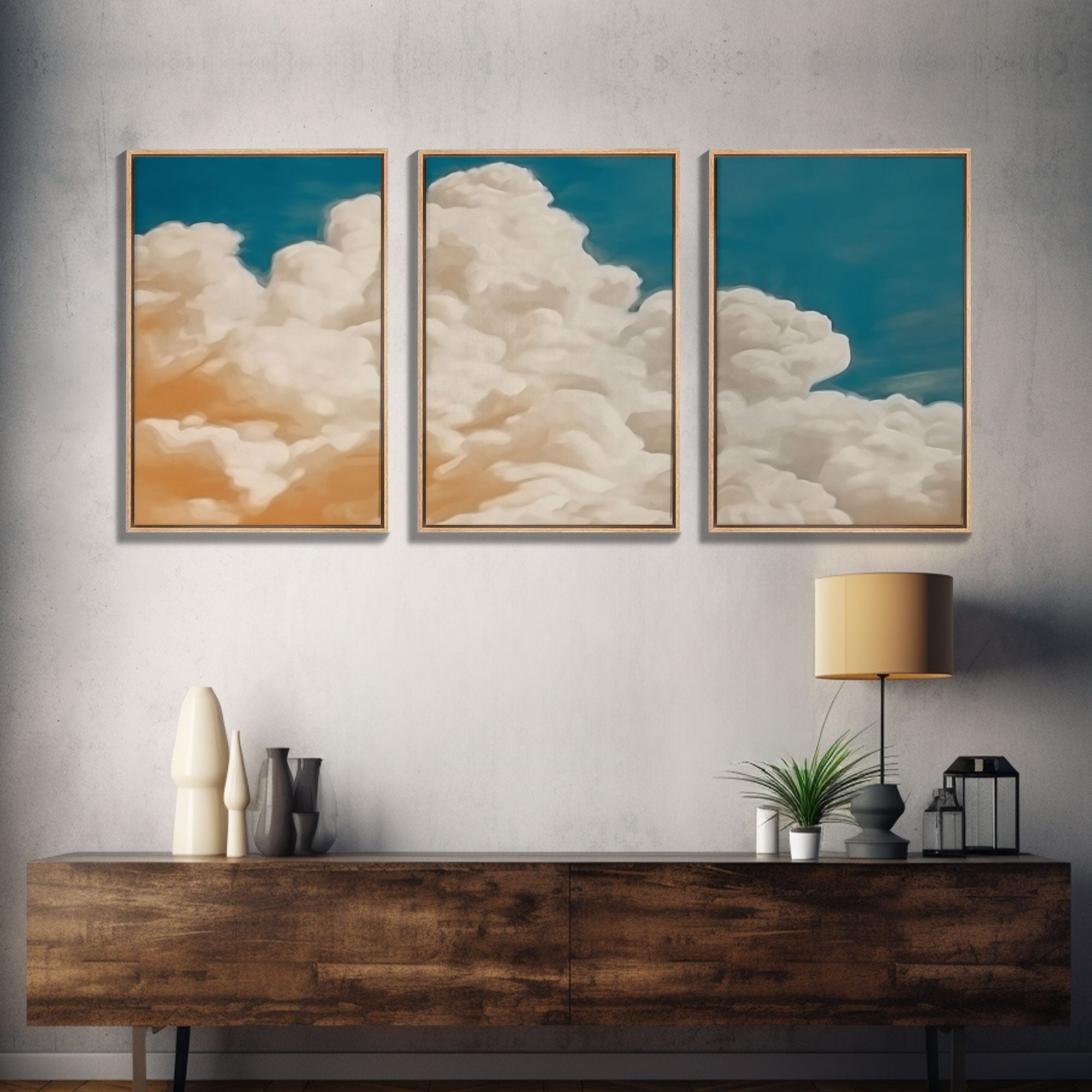 Framed Canvas Wall Art Set of 3 Pastel Clouds, Navy Blue Sky, Nature Landscape Prints, Minimalist Modern Art Nature Boho Wall Decor | | Wiccan Center