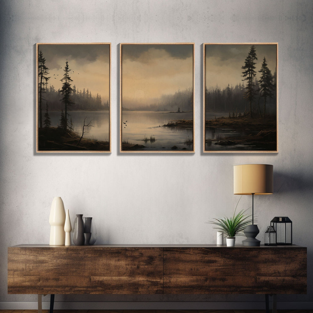 Moody 3 Piece Canvas Wall Art, Solumn PNW Lake At Sunset, Framed Canvas Print 3 Panel Set, Original Landscape Painting, Pacific Northwest | | Wiccan Center