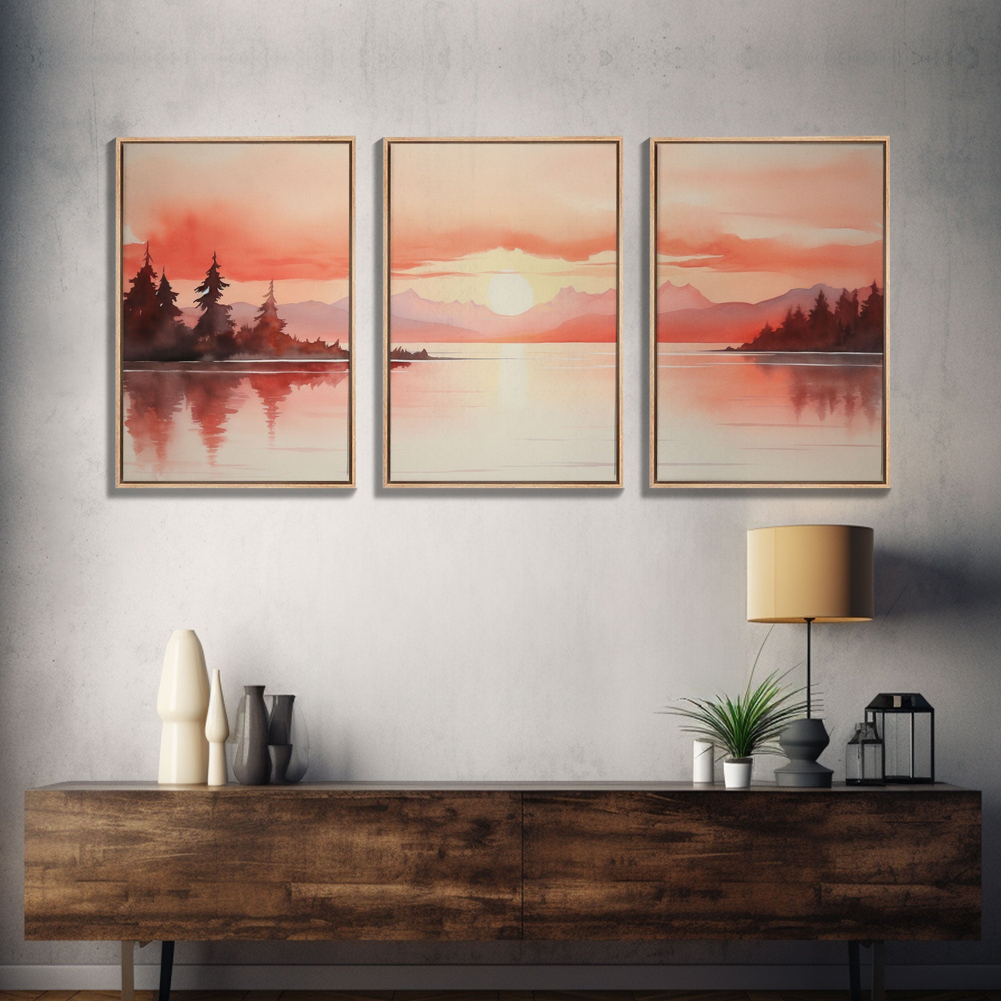 Beautiful Red Lake Sunset 3 Piece Framed Canvas Print Set, Above Sofa Art, Living Room Decor, Beautiful Wall Art, Watercolor Painting | | Wiccan Center