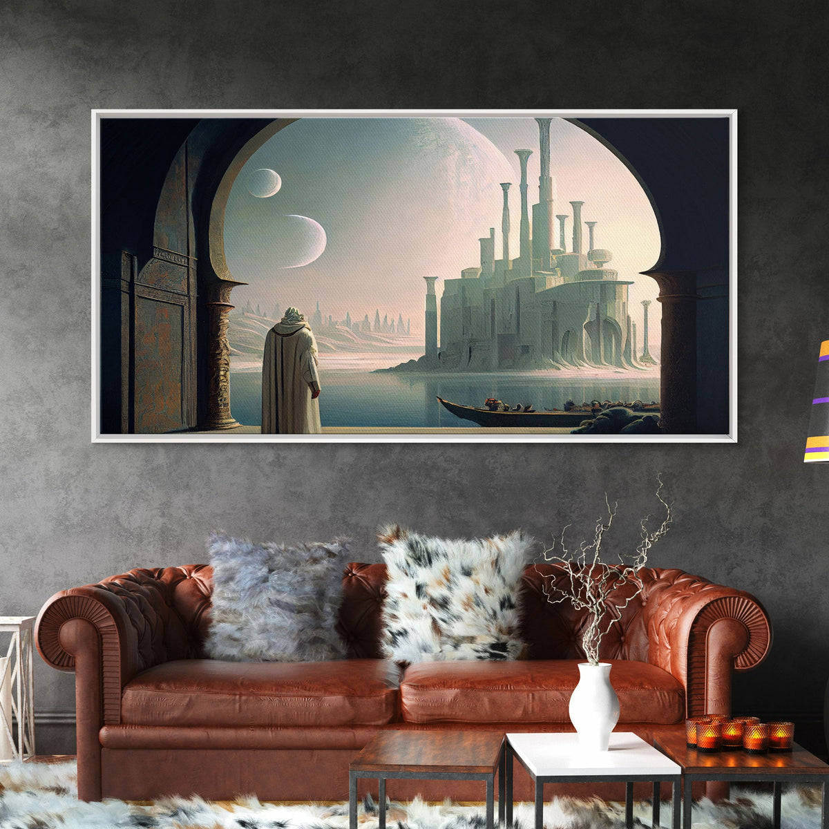 Two Moon Alien World, Dune Inspired Art, Framed Canvas Print, Scifi Art