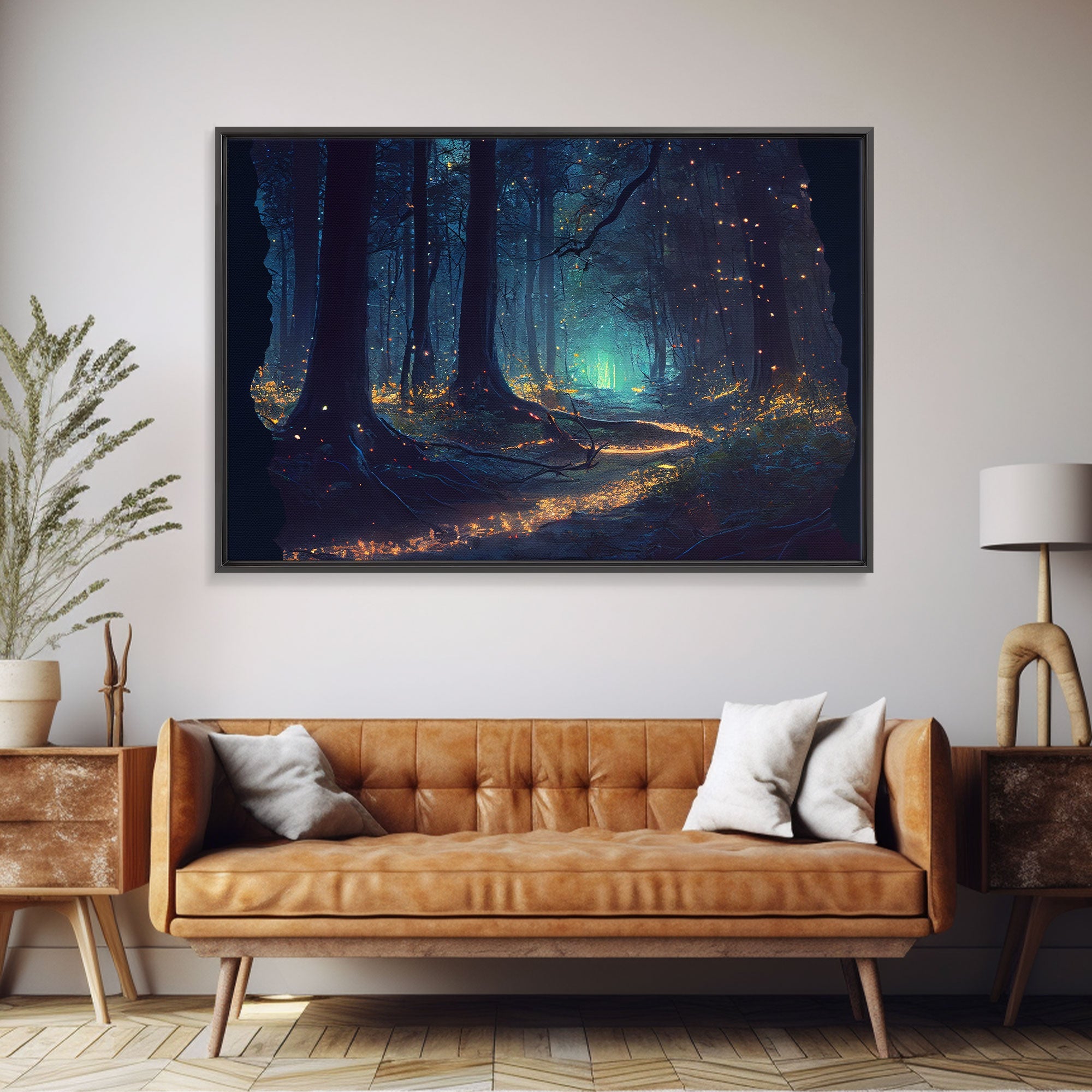 The magical enchanted forest is lit brightly with fireflies at night, framed canvas print, fantasy art | | Wiccan Center