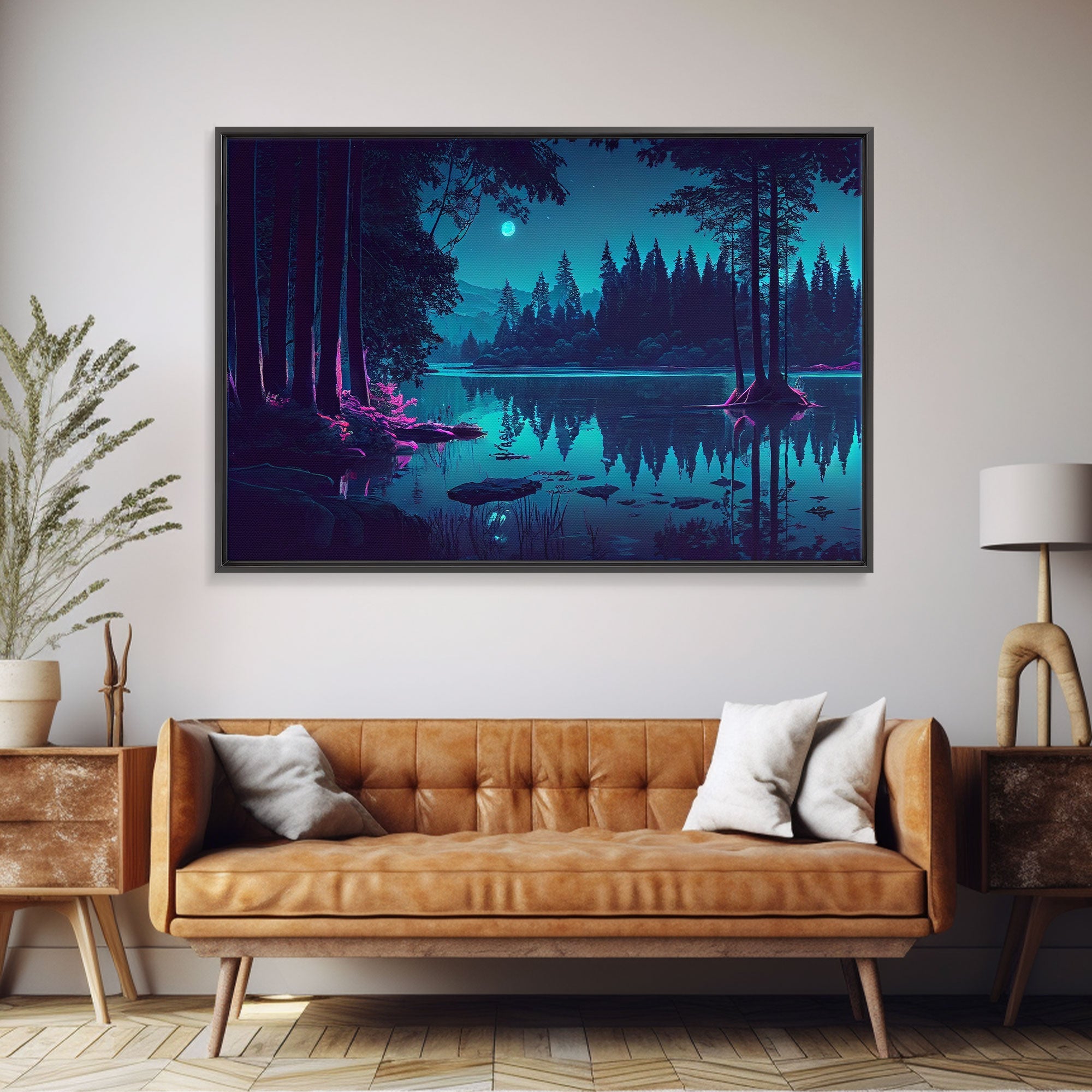 Vaporwave Full moon over the lake at midnight, framed canvas print, subdued art, watercolor painting print | | Wiccan Center