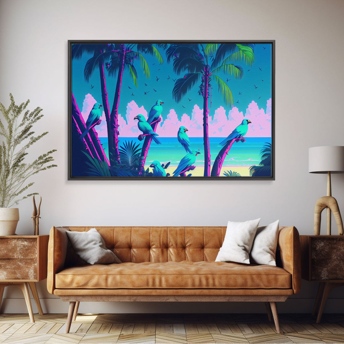 Tropical birds of paradise, synthwave, vaporwave wall art, framed canvas print | | Wiccan Center