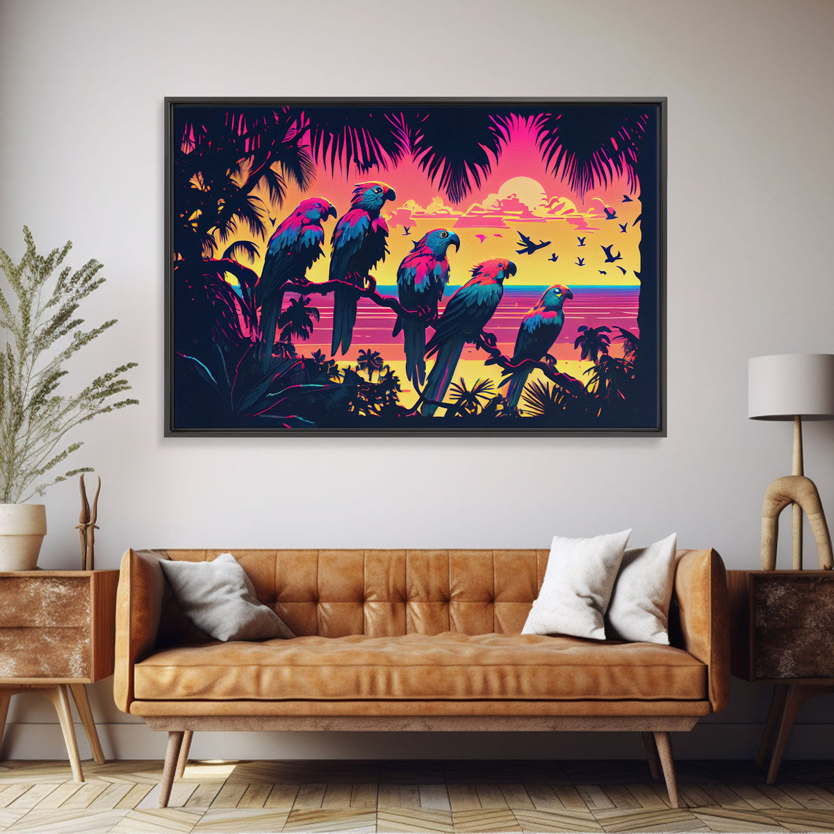 Tropical birds of paradise, synthwave, vaporwave wall art, framed canvas print | | Wiccan Center