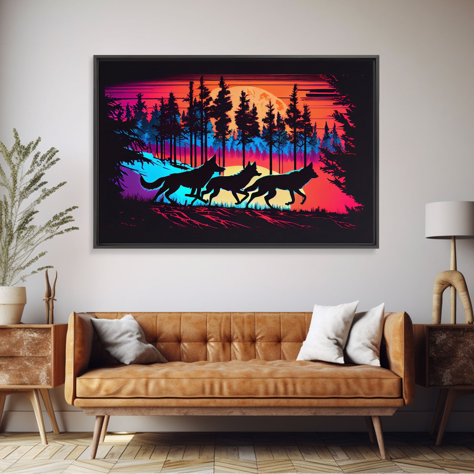 Wolves on the hunt at sunset, synthwave animal art, framed canvas print, vaporwave aesthetic animal art | | Wiccan Center
