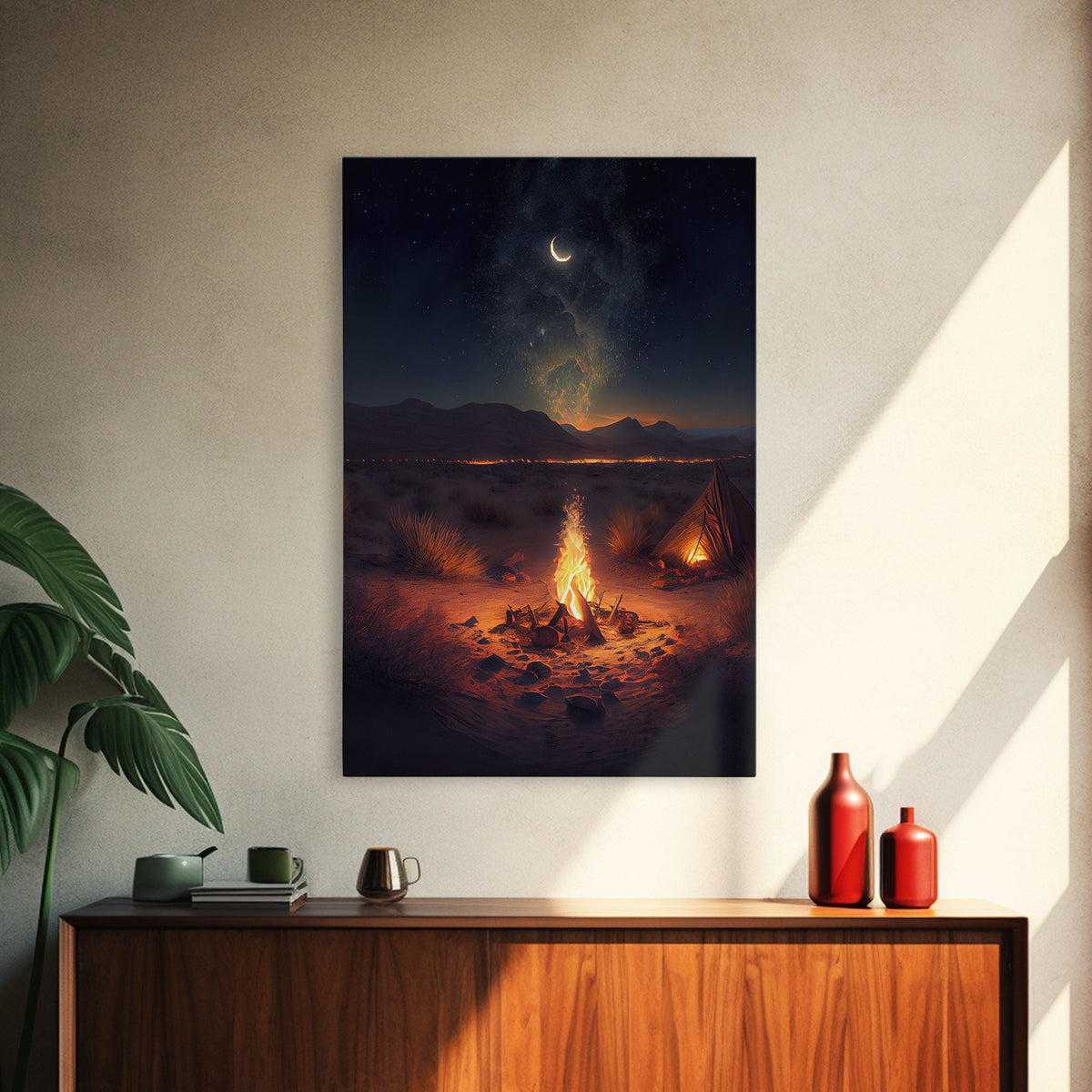 Primitive Art, Campfire under the stars, camping art, framed canvas print | | Wiccan Center