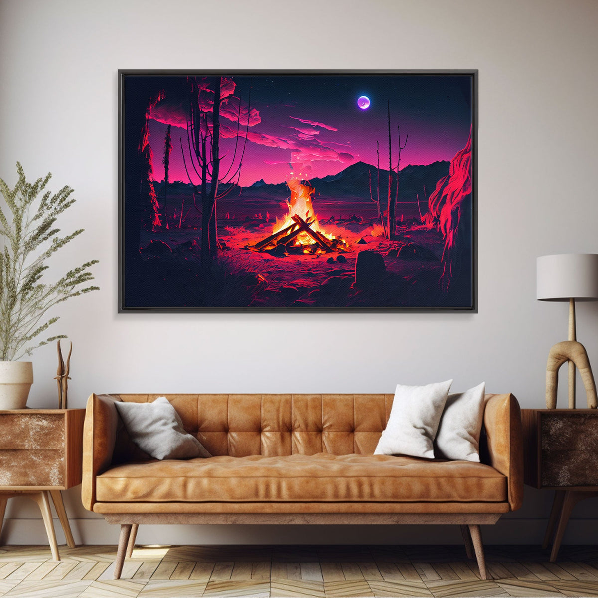 Primitive Art, Campfire Painting Print, Framed Canvas Print, Synthwave Farmhouse Decor | | Wiccan Center