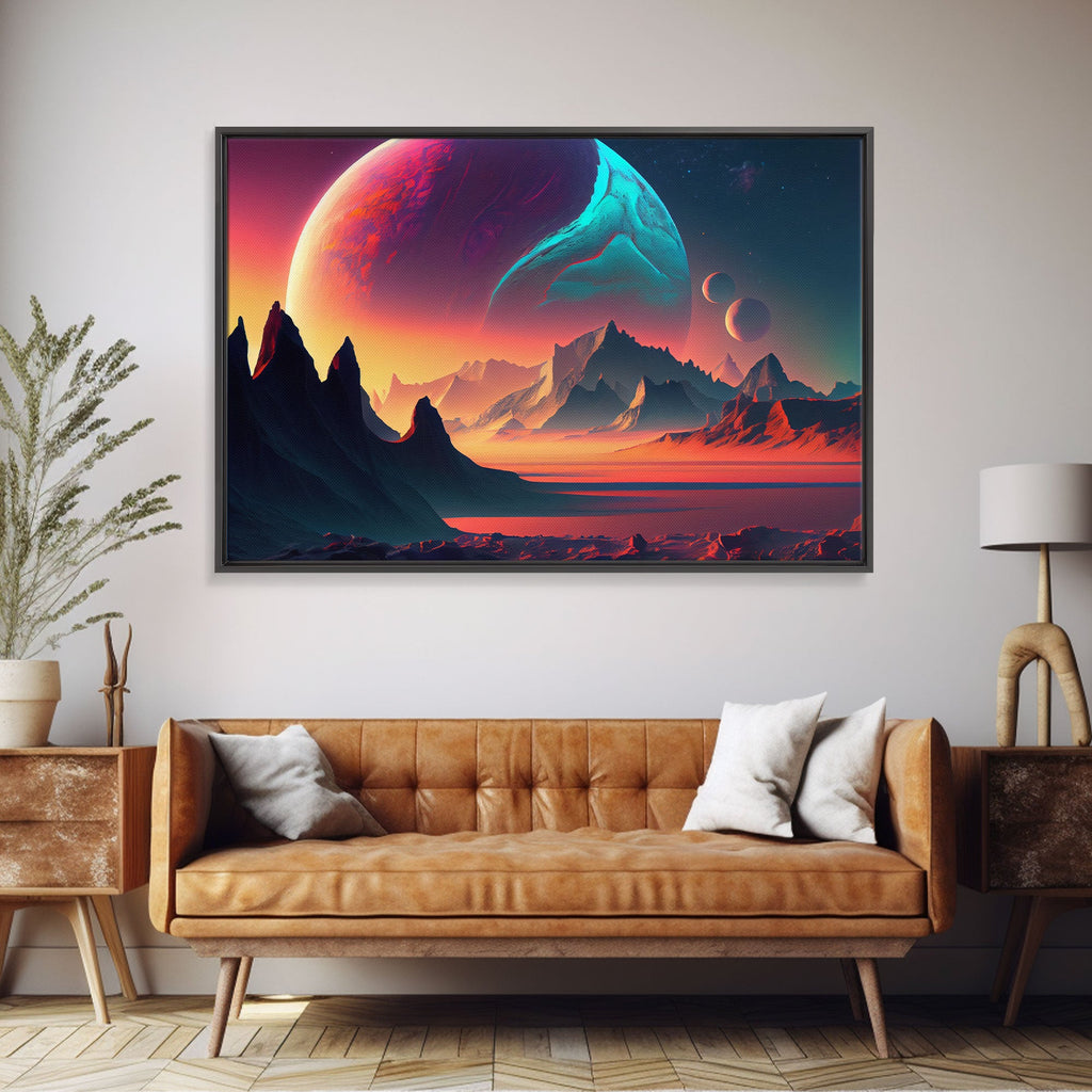 3 Moon Fantasy World, Retro Style Sci-Fi Art, Framed Canvas Print, Futuristic Art, Fantasy Decor | | Wiccan Center