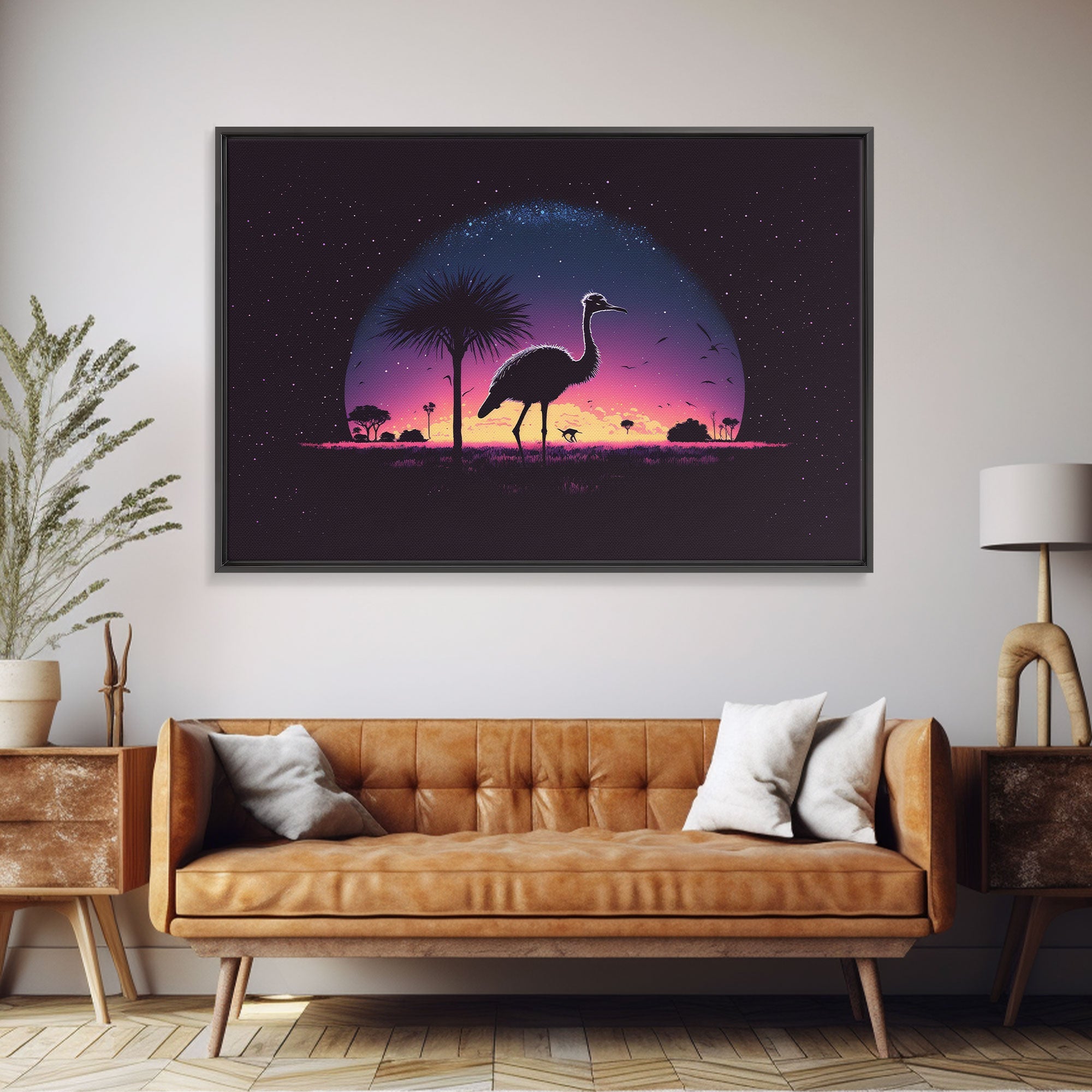 Emu Art | Framed Canvas Print | Synthwave Style Framed Wall Art | Animal Prints | Emu Walks Under A Full Moon | Kid's Room Decor