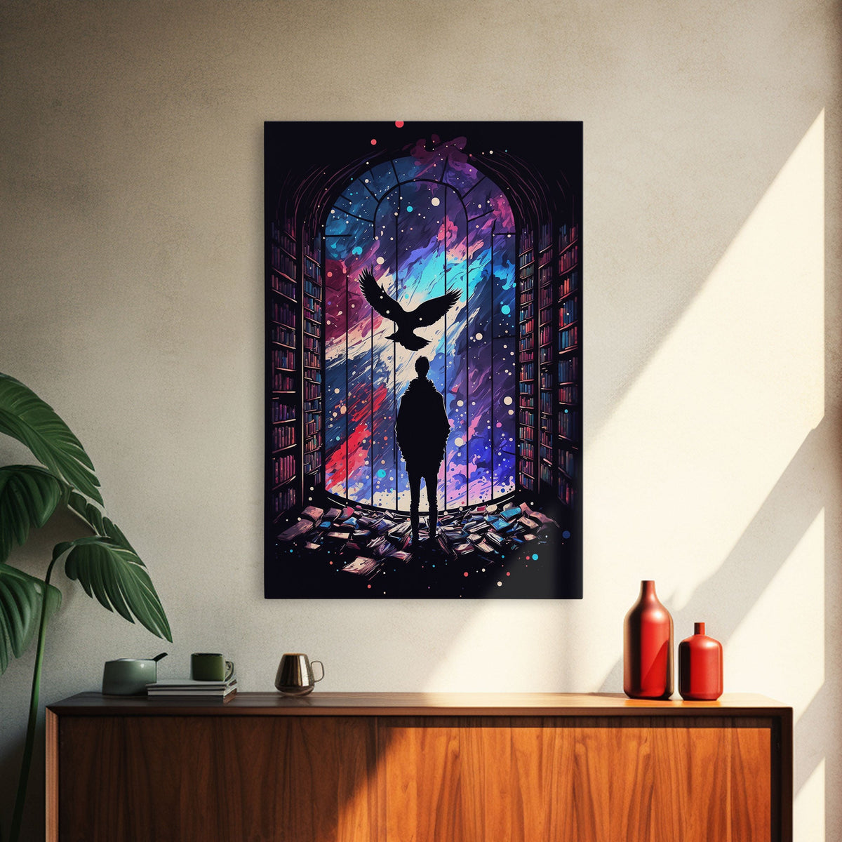 here in my garage, knowledge, retro style library art, framed canvas print | | Wiccan Center