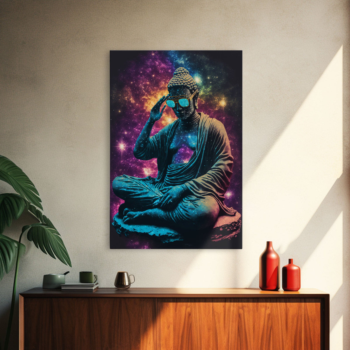 Psychedelic Buddha Wearing Aviators / Sunglasses, Meditation Art, Framed Canvas Print | | Wiccan Center