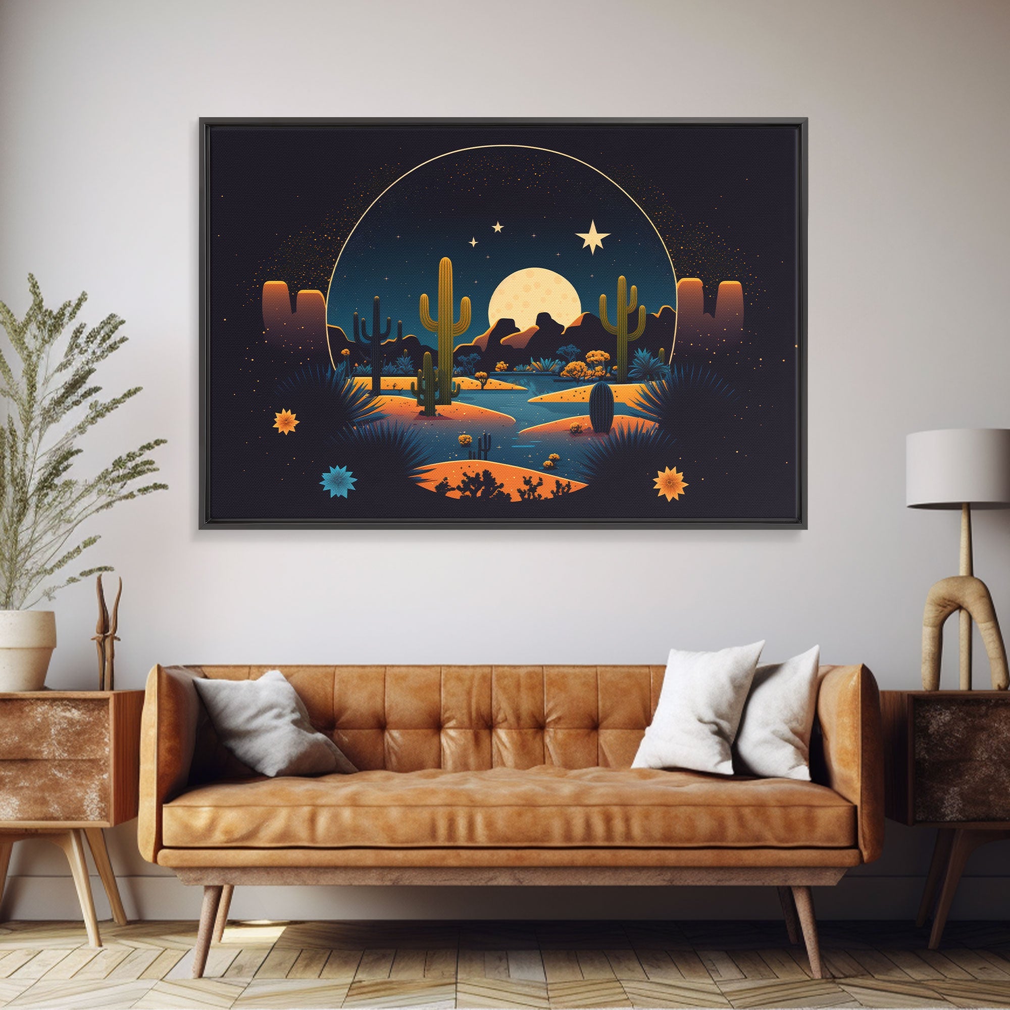 Retro Art Deco Style Pueblo Desert Art, Cactus Desert Landscape under a Full Moon, Framed Canvas Print, Cute Western Decor | | Wiccan Center