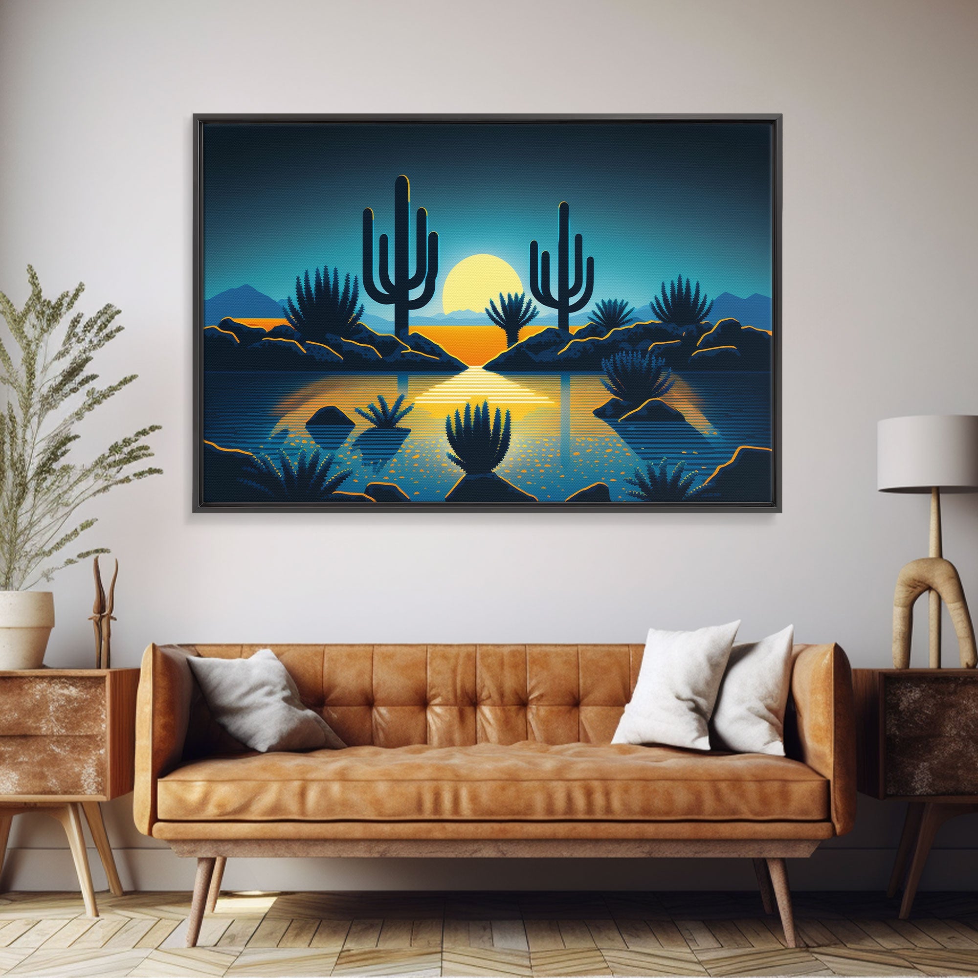 Retro Art Deco Style Pueblo Desert Art, Cactus Desert Landscape under a Full Moon, Framed Canvas Print, Cute Western Decor | | Wiccan Center