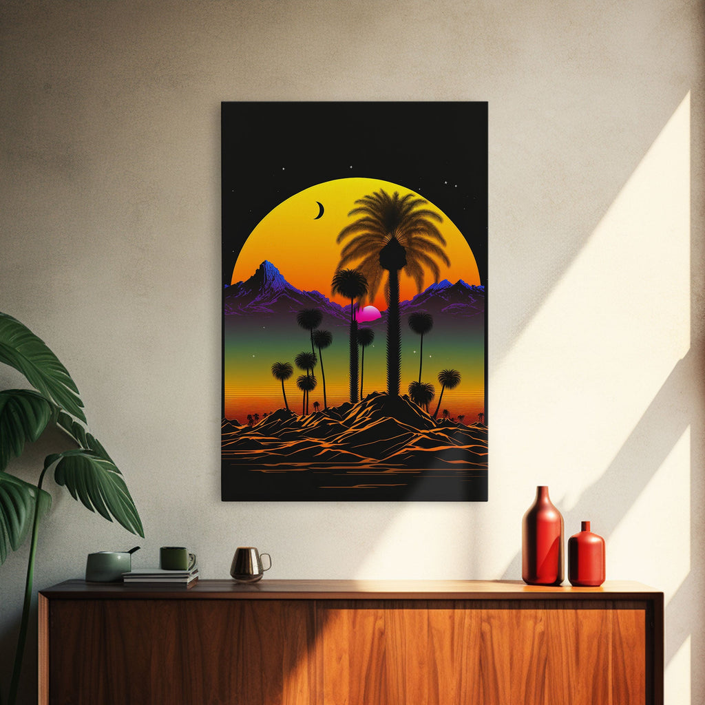 Pop Art Framed Canvas Print of Desert Landscape at Sunset, Outrun Style Sunset Full Moon Art, Unique 80s Vibe Retro Art | | Wiccan Center